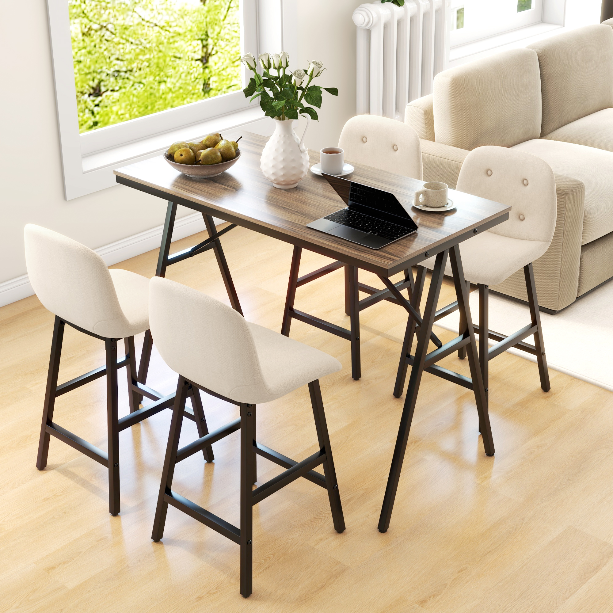 Bargarnitur 5-teilig, Tisch und 4 Stühle, Knopfheftung, dicke Polsterung, Leinenoptik, Beige
