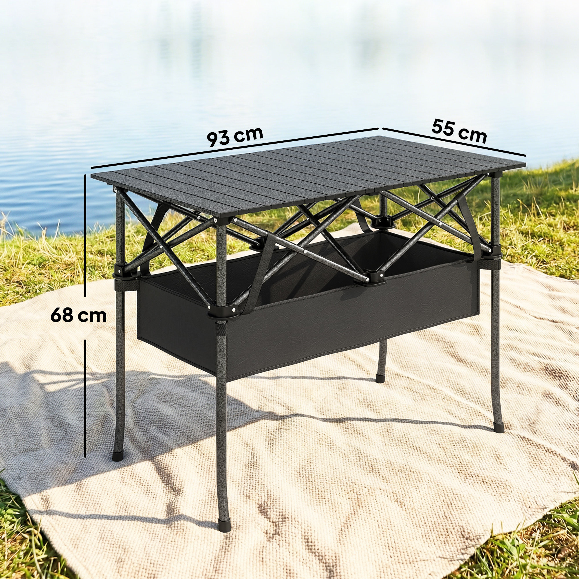 klappbarer rollbarer Picknicktisch Tragbarer Campingtisch mit Netzablage und Tragetasche für den Außenbereich, Schwarz