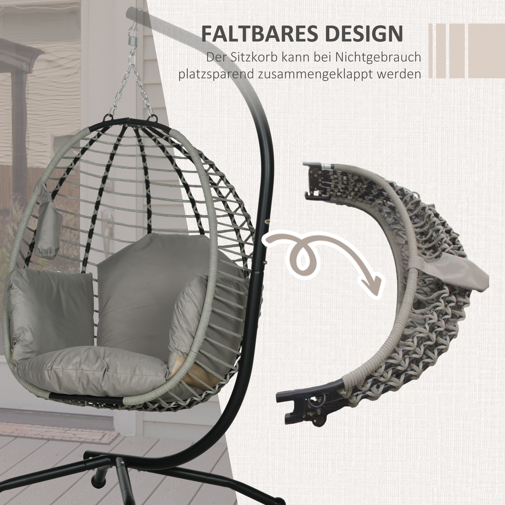 Hängesessel, Sitz- und Rückenkissen, faltbarer Sitzkorb, Becherhalter, Metallgestell, Grau