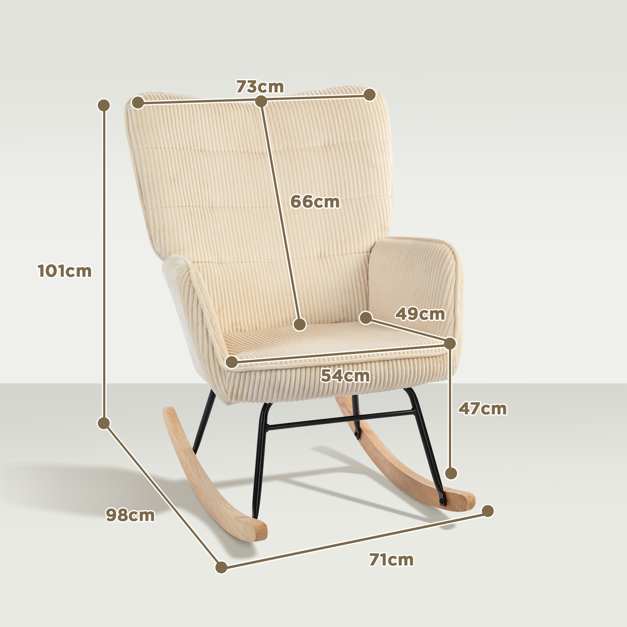 Vintage Schaukelstuhl, geschwungene Kufen, dicke Polsterung, Buchenholz & Stahl, Beige