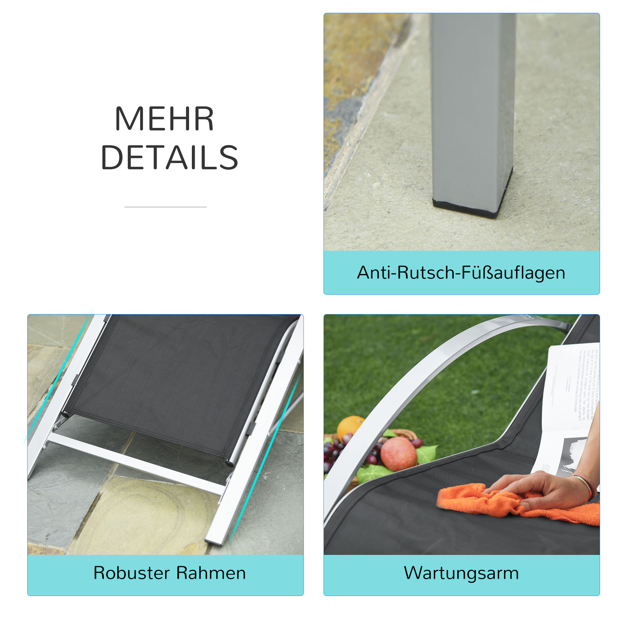 Gartenliege Set Metall Mesh 3-TLG. Sonnenliege mit Teetisch Gartengarnitur mit 2 Sonnenliegen, 1 Beistelltisch Gartensitzgruppe für Garten, Balkon 59B x 169T x 66H cm Schwarz+Silber