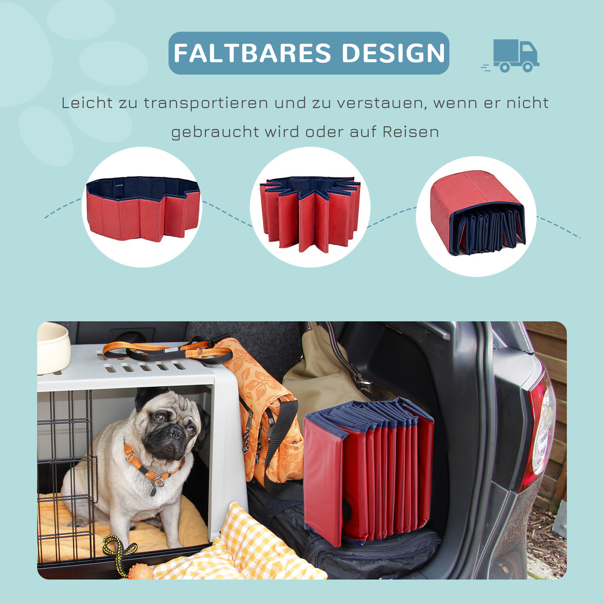 Hundebadewanne faltbar Hundepool Schwimmbecken Swimmingpool Plantschbecken Badewanne für Hunde & Katzen Wasserbecken aus Kunststoff, Holz Ø100 x H30 cm Rot