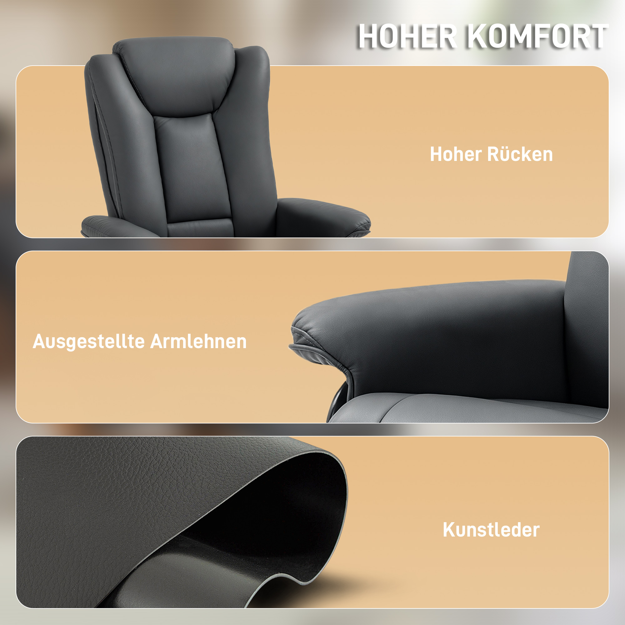 Relaxsessel mit Liegefunktion, drehbar, bis 150 kg, Kunstlederbezug, Stahlrahmen, Dunkelgrau
