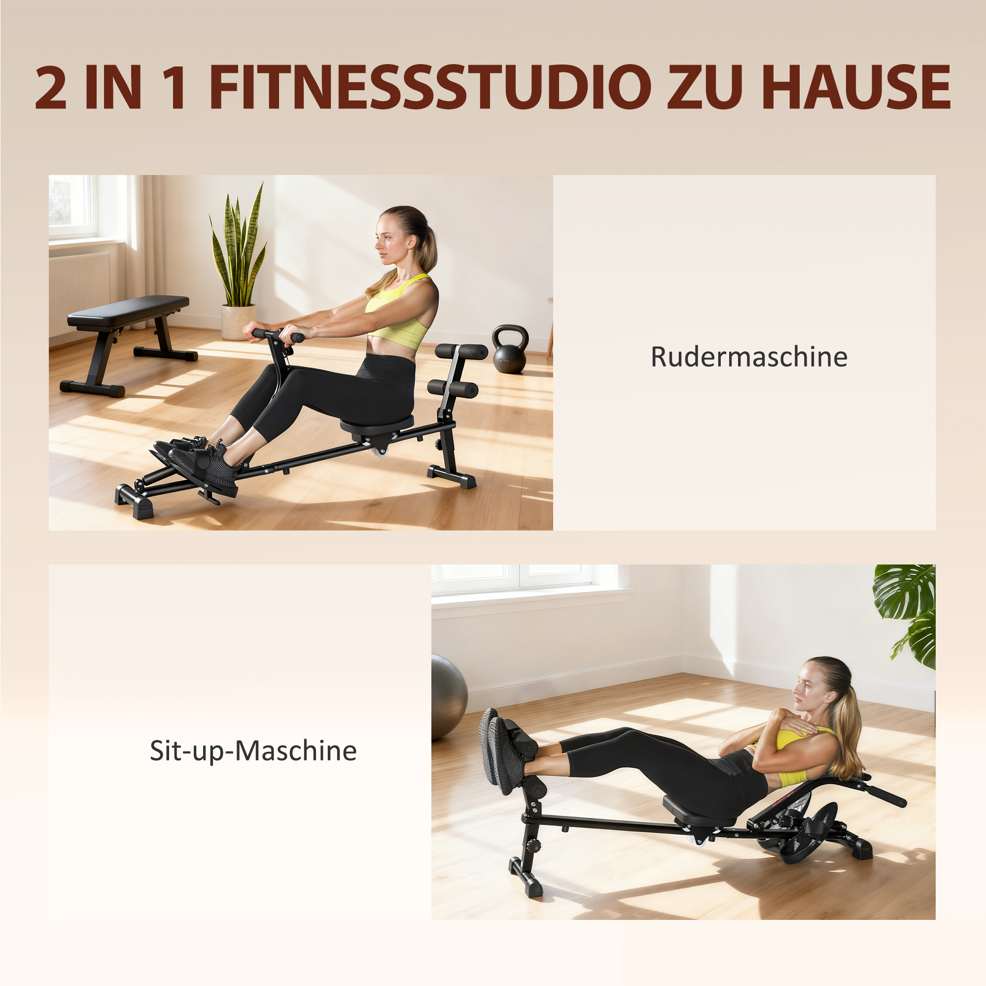 Rudermaschine, Rudergerät für Situps, 12-stufig verstellbar, 2-in-1 Kardiogerät, LCD-Anzeige, Stahl, Kunststoff, Schwarz