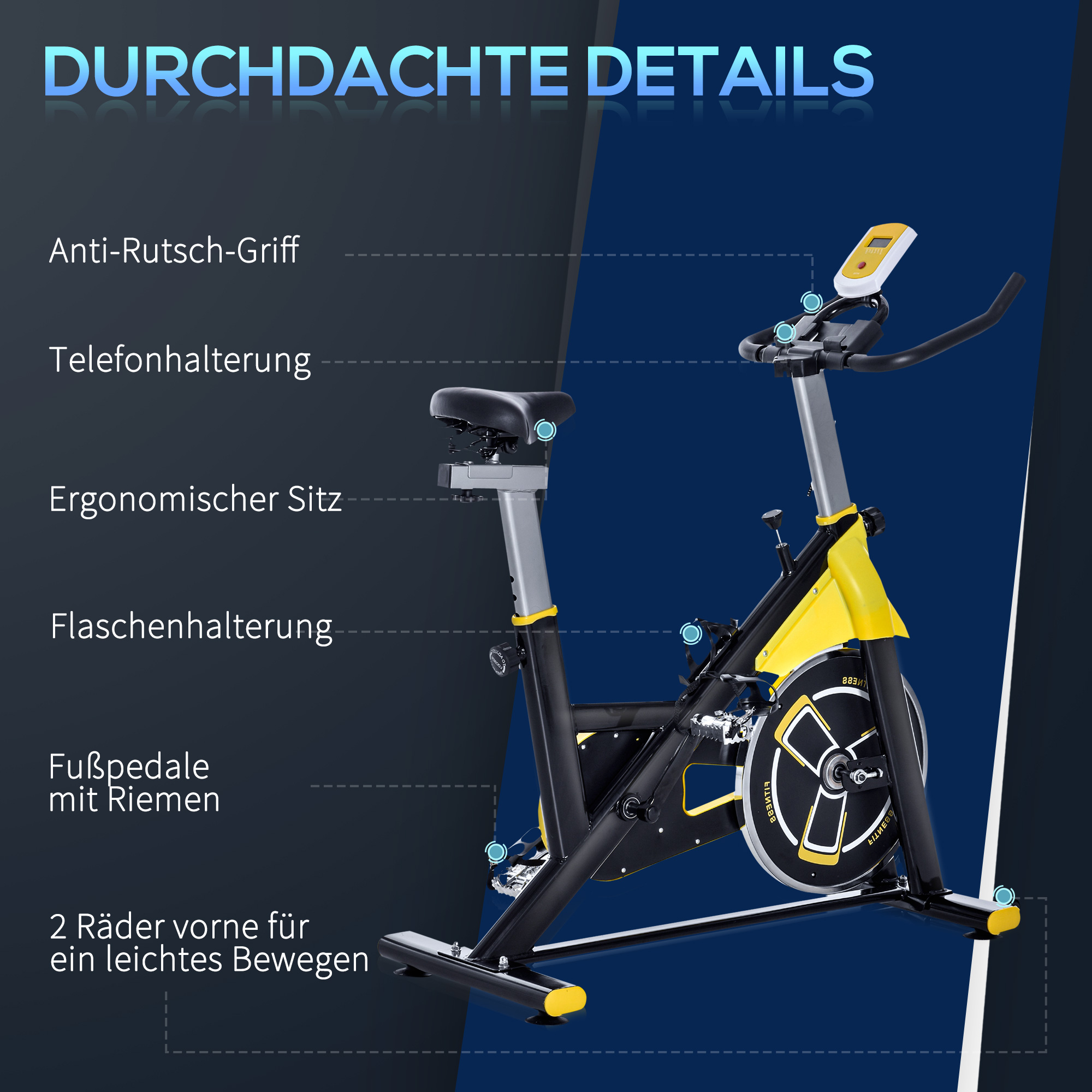 Fahrradtrainer höhenverstellbarer Heimtrainer Fitnessfahrrad Rollentrainer mit Riemenantrieb LCD-Display Stahl ABS Gelb+Schwarz+Grau 45,5 x 100 x 101-113 cm