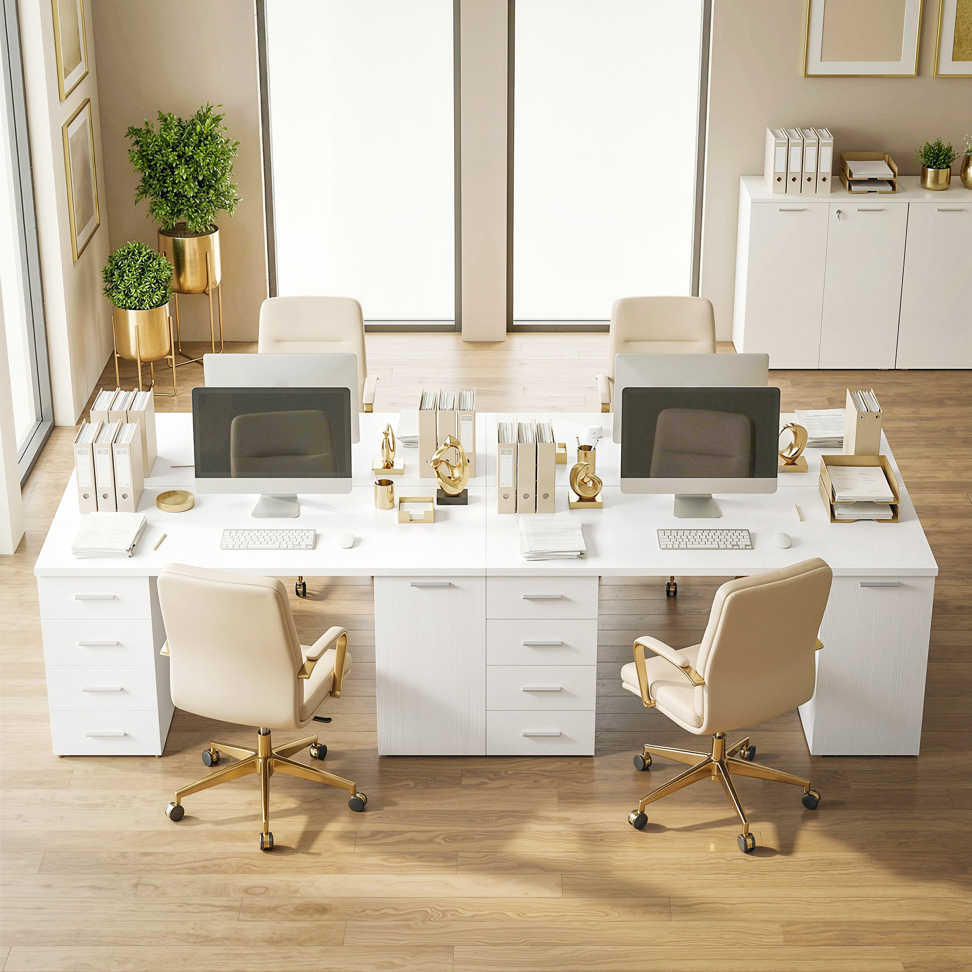 Computertisch mit 4 Schubladen und Schrank, 140 cm Schreibtisch für Arbeitszimmer, Weiß Holzoptik
