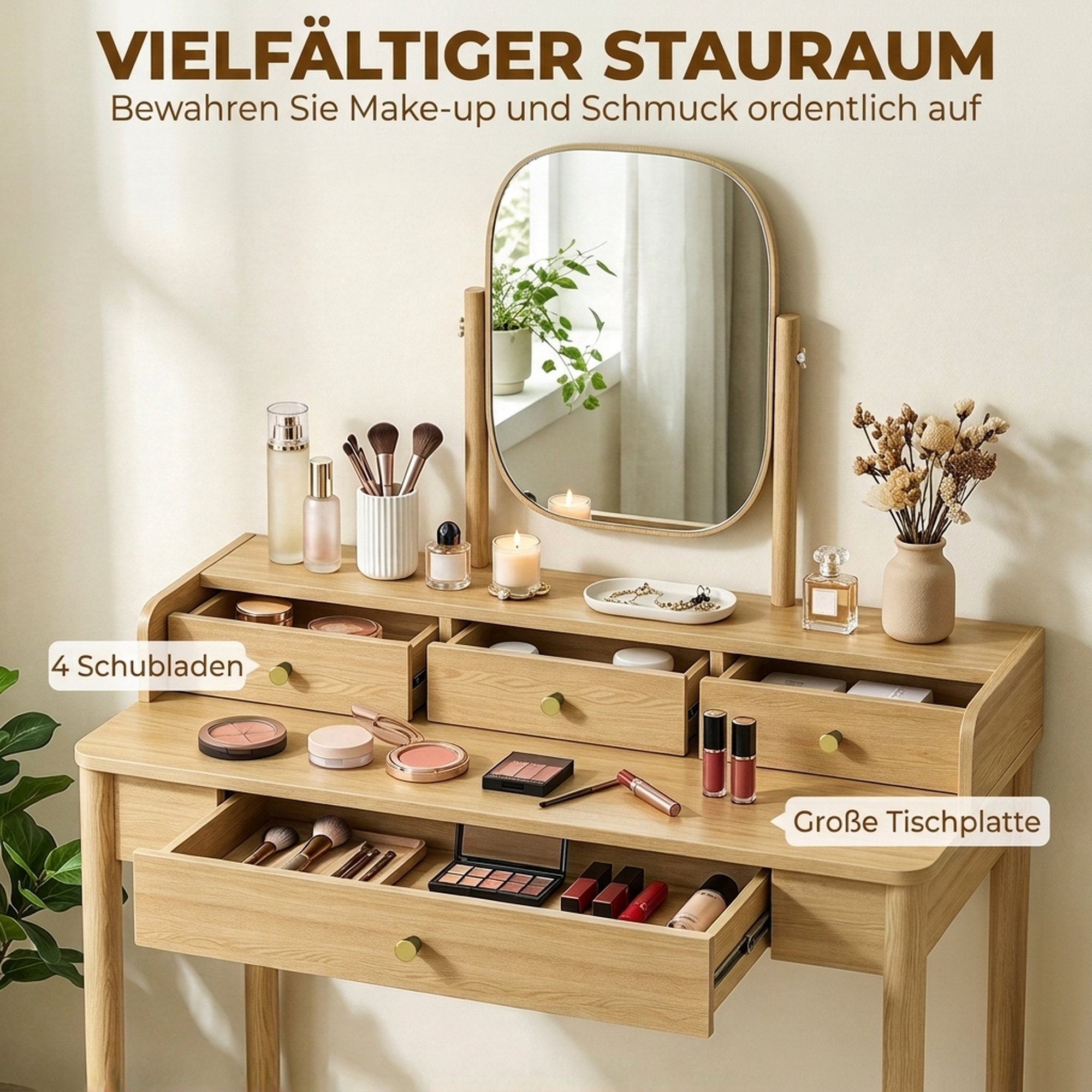 Schminktisch mit Spiegel, Kiefernholz Frisiertisch mit 4 Schubladen, Ablagefläche für Schlafzimmer, Eiche