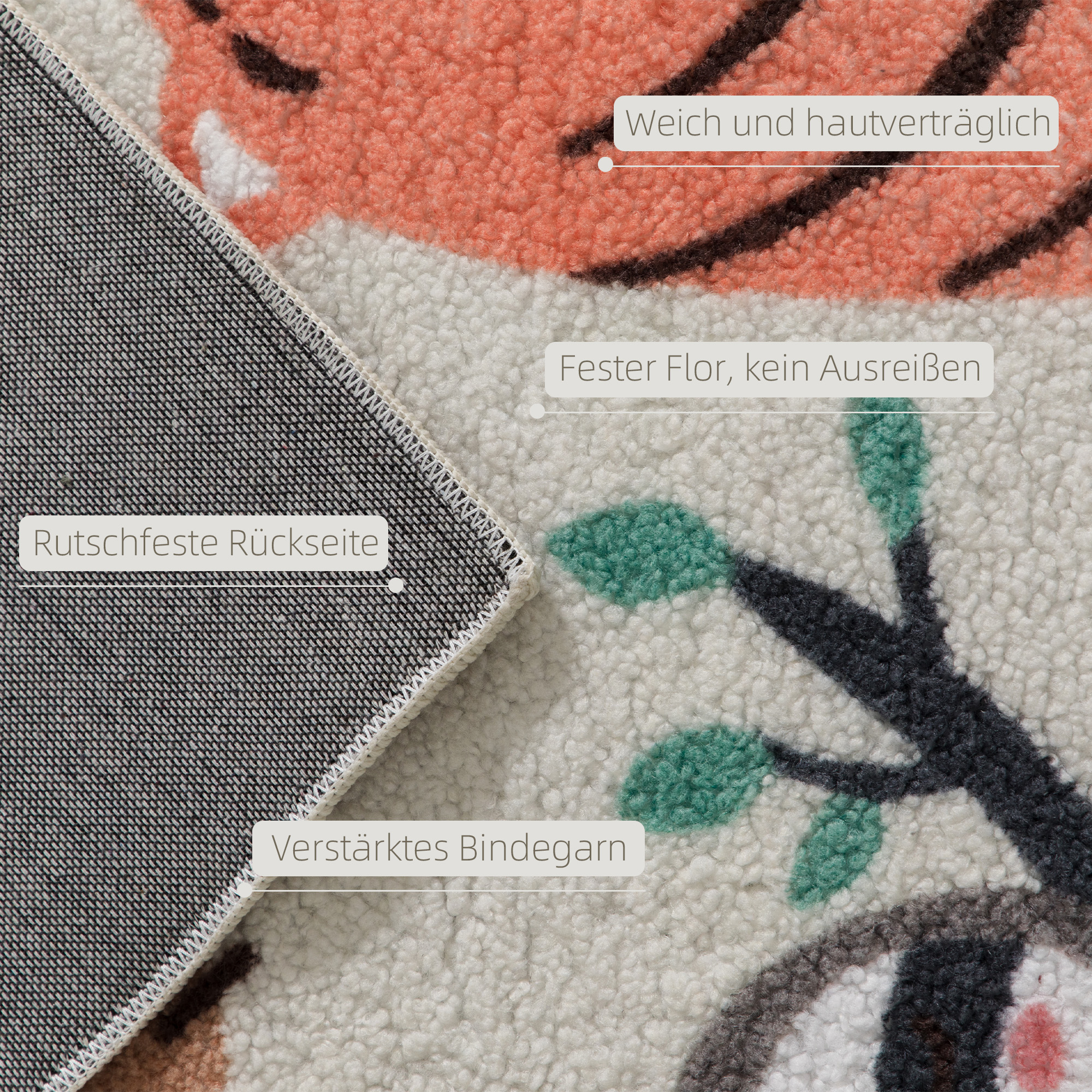 Fleece-Teppich mit Dschungel-Muster, pflegeleicht, Cremeweiß+Bunt