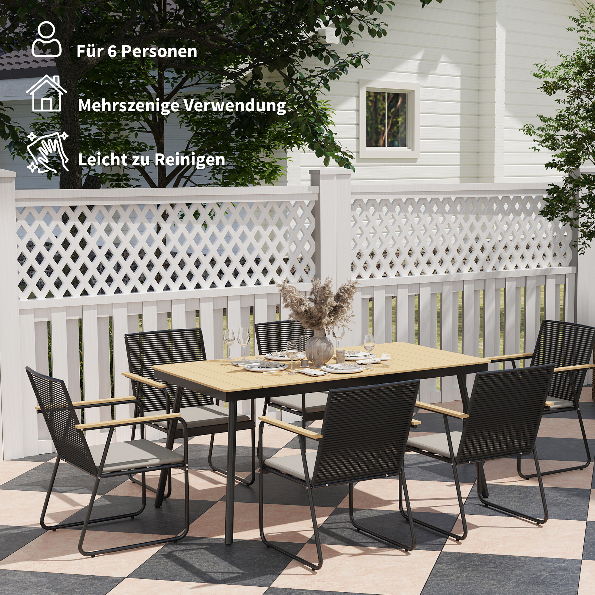 Sitzgruppe 7-teilig Metall Essgruppe für 6 Personen Esstisch mit Tisch 6 Stühlen Esszimmergruppe Naturholz+Schwarz