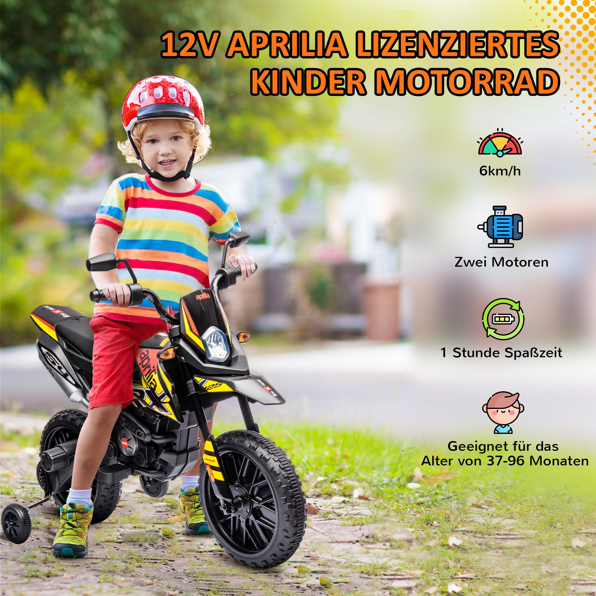 12V Kinder-Motorrad mit Stützrädern, LED-Lichtern, Musik, USB, Elektro-Motorrad für Jungen und Mädchen, Gelb