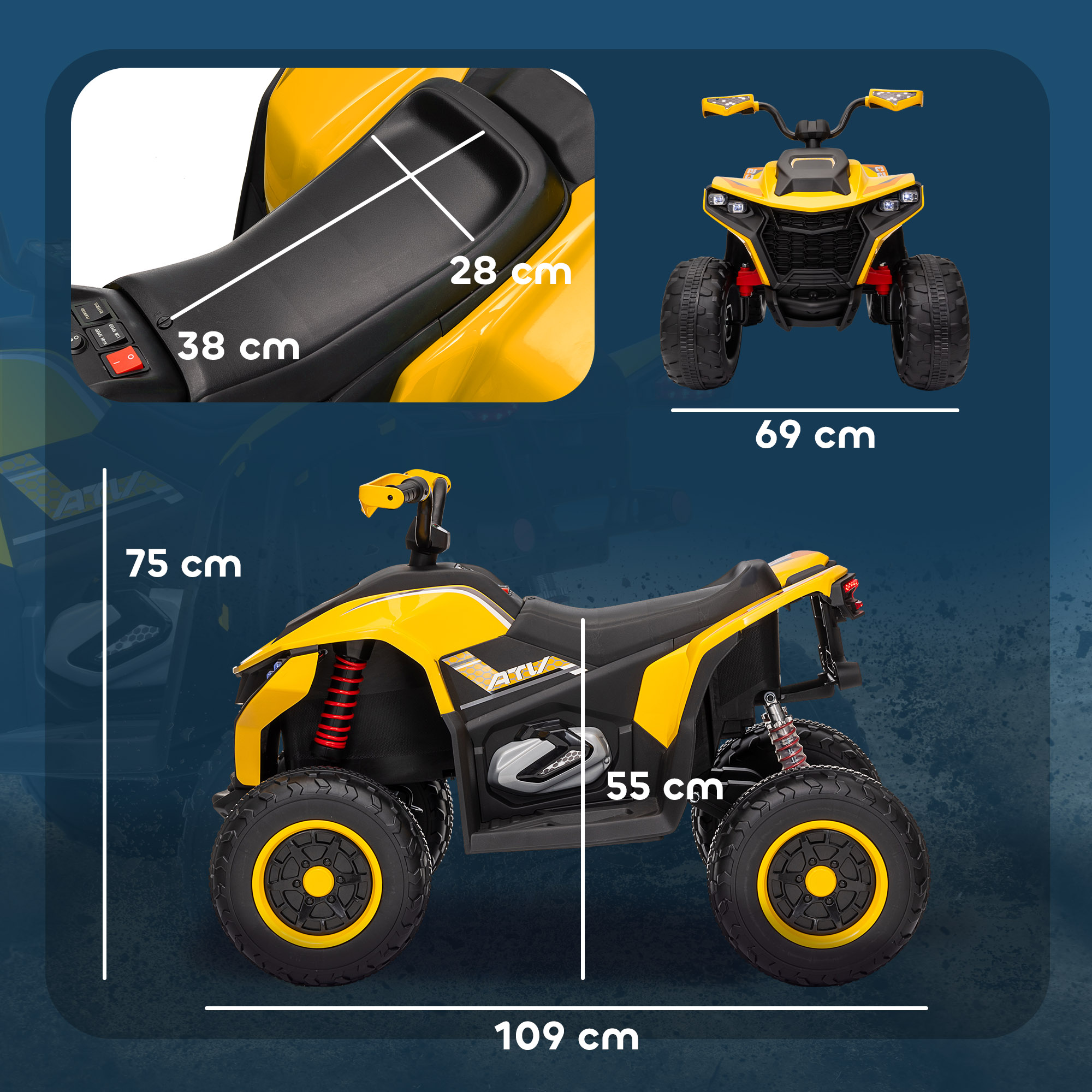 Elektroquad für Kinder, 3-6 km/h, LED-Scheinwerfer, Musik, USB, für 3-8 Jahre, Gelb