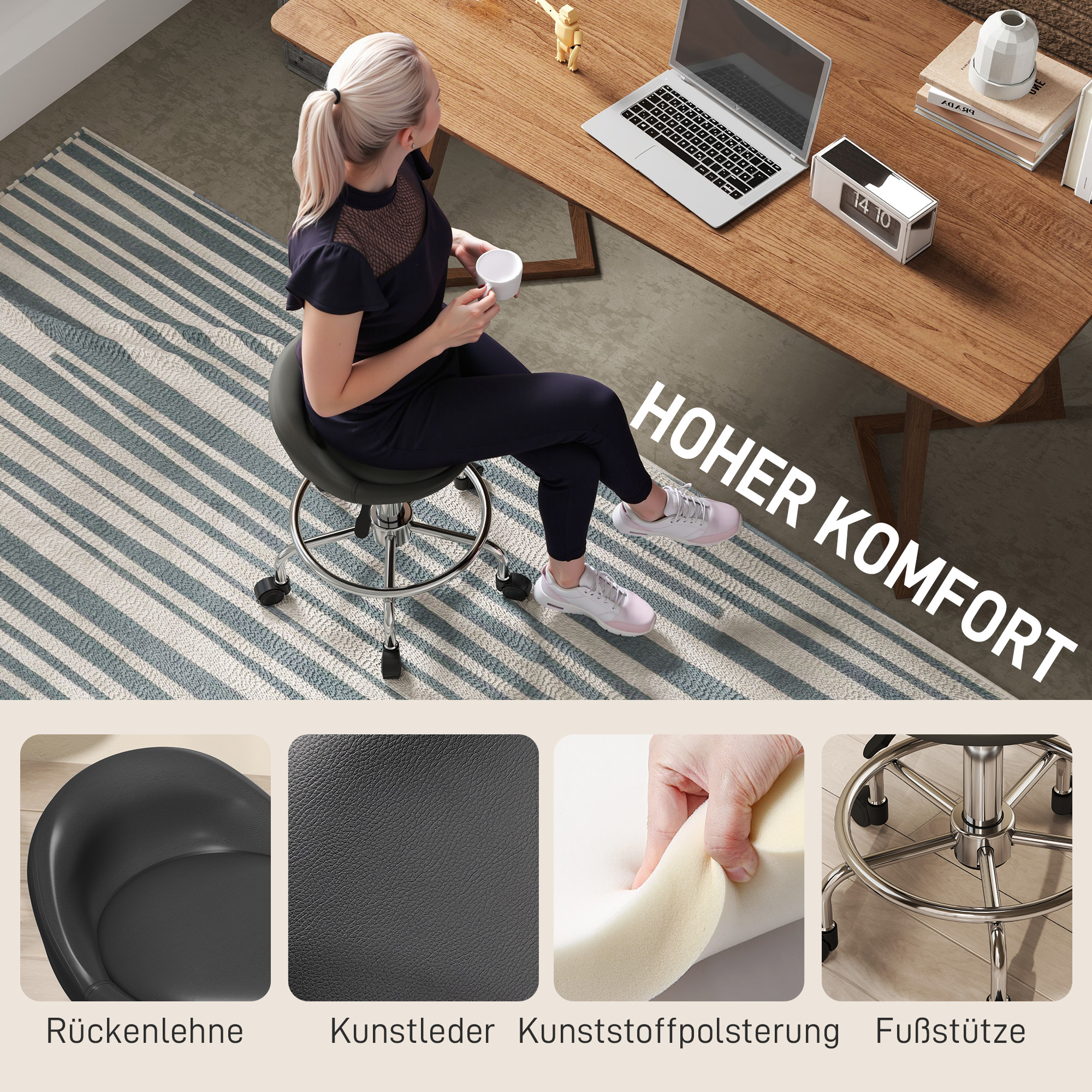 Rollhocker höhenverstellbar mit Rückenlehne Drehhocker 59-75 cm Arbeitshocker 360° drehbar Schwarz