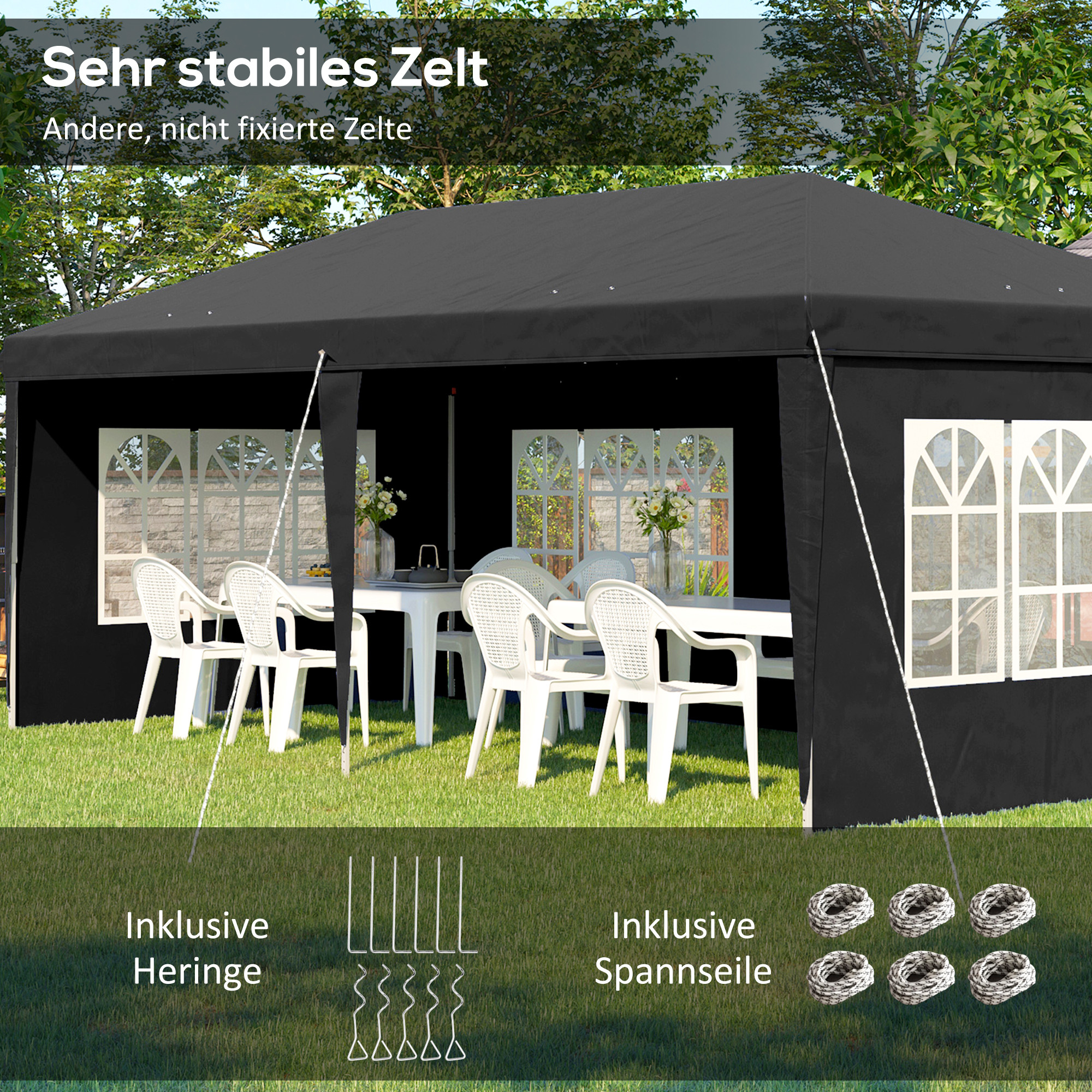 Pavillon ca. 3x6m Wasserdicht Pop-up Faltpavillon mit 4 Seitenwänden, Fenster UV-Schutz Tragetasche Schwarz