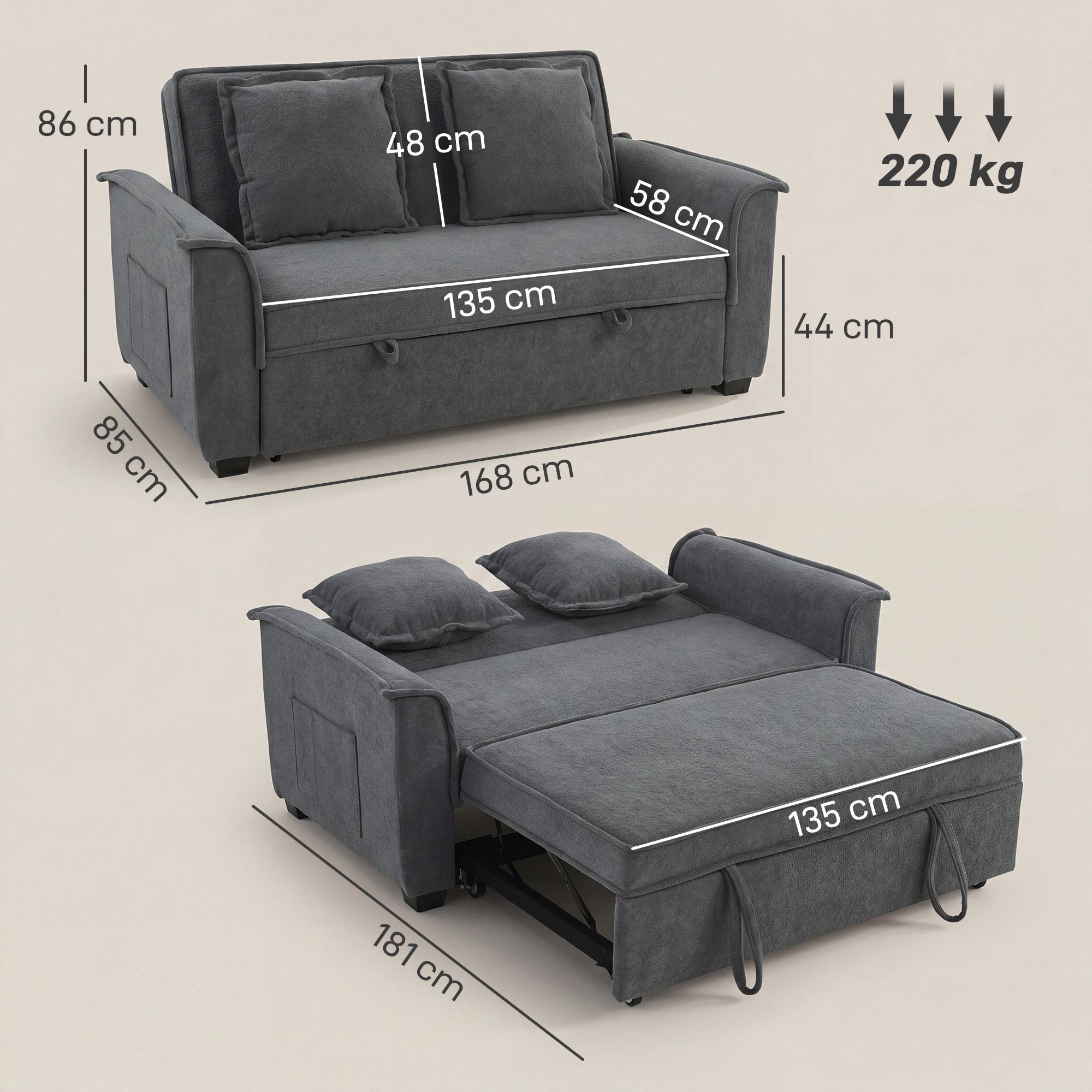 Futon-Schlafsofa, verstellbare Rückenlehne, 2-Sitzer mit 2 Kissen, Dunkelgrau