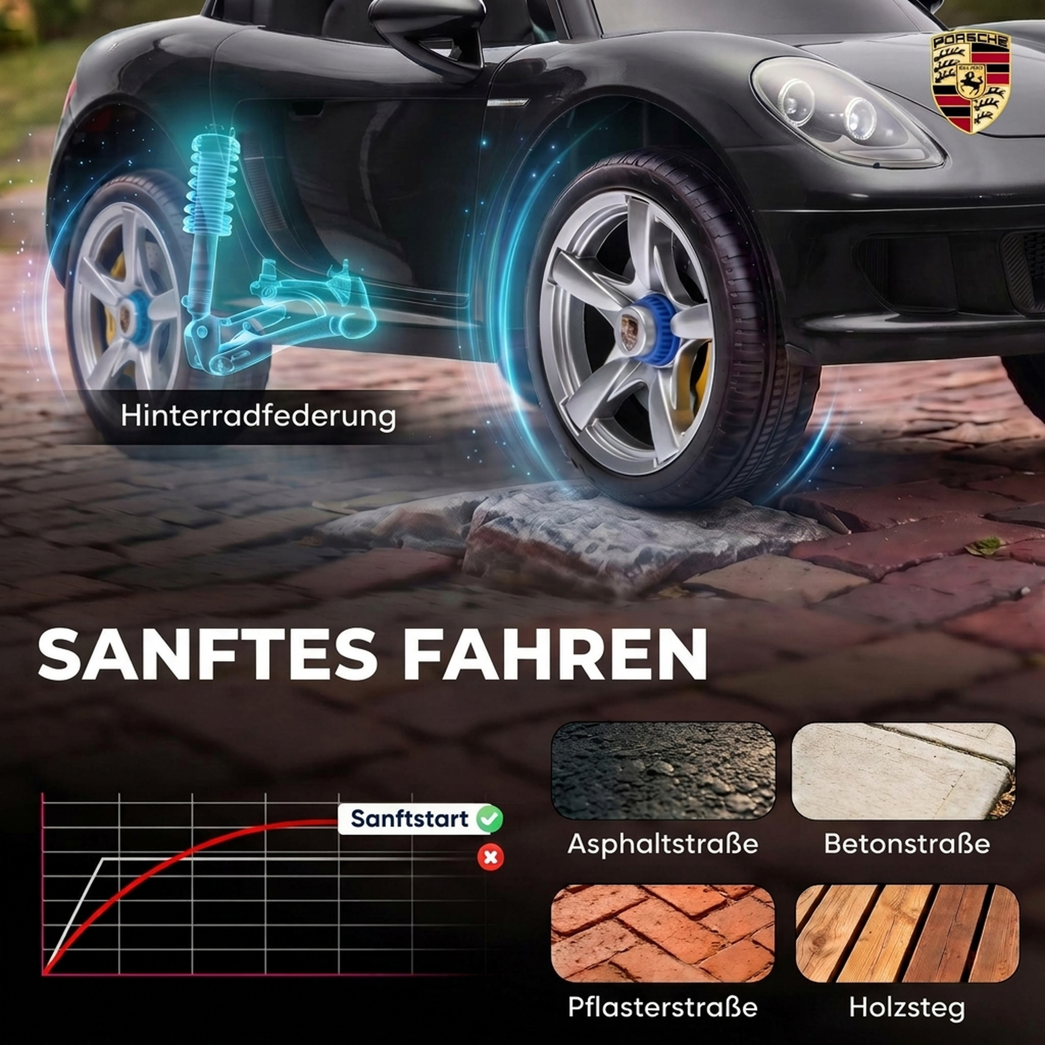 Kinder Elektroauto Porsche 12V Kinderauto mit Lithium-Akku Fernbedienung 2 Motoren Sanftanlauf Hinterradfederung