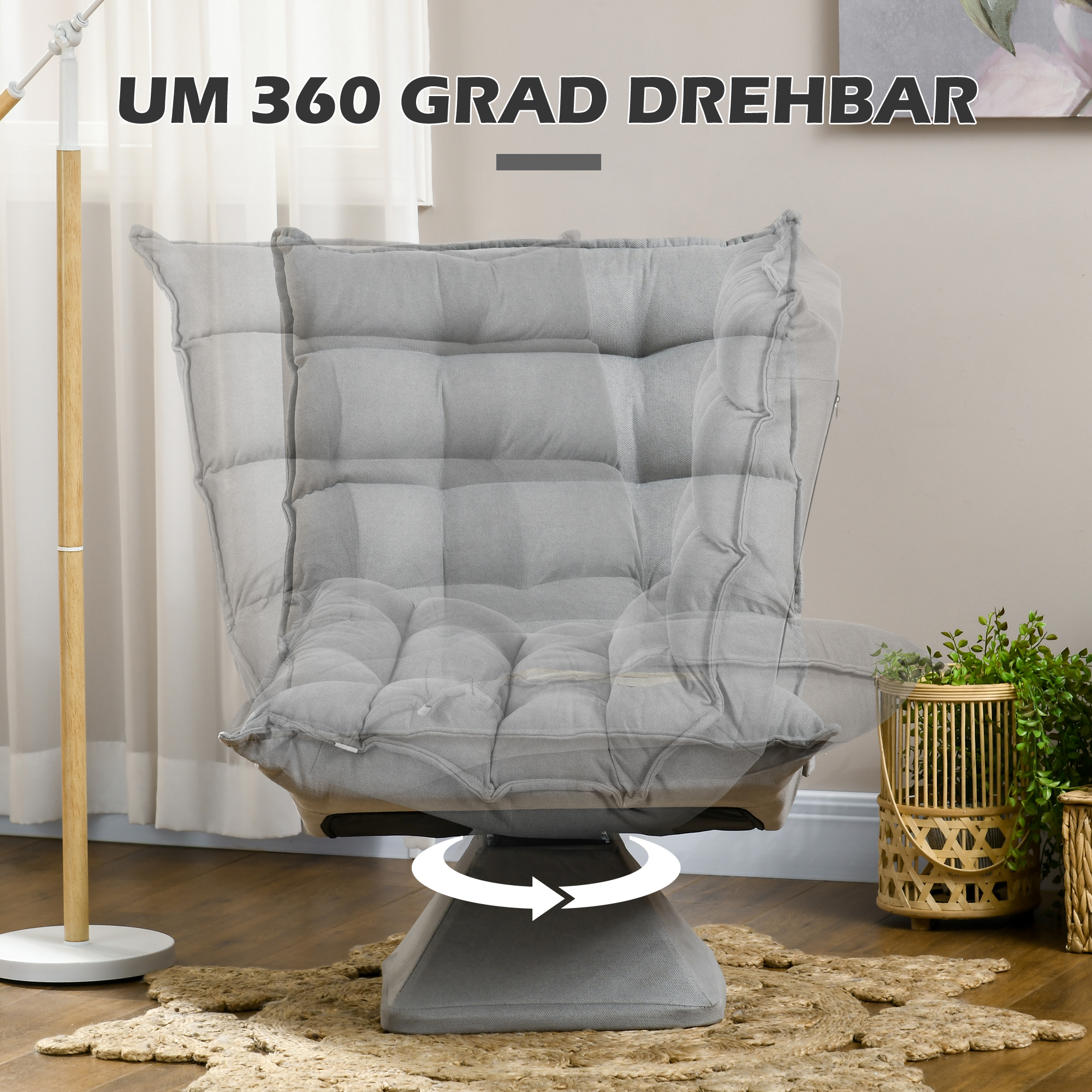 Relaxsessel Lesesessel, drehbar, Samtoptik, 62 cm x 70 cm x 95 cm, Hellgrau