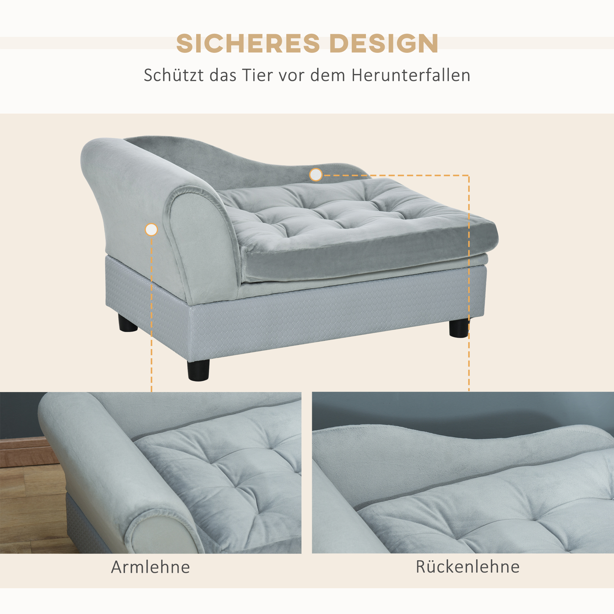 Haustiersofa mit Stauraum, weichem Kissen, bis 15 kg Tragkraft, Plüschbezug, Hartholzrahmen, Hellgrau