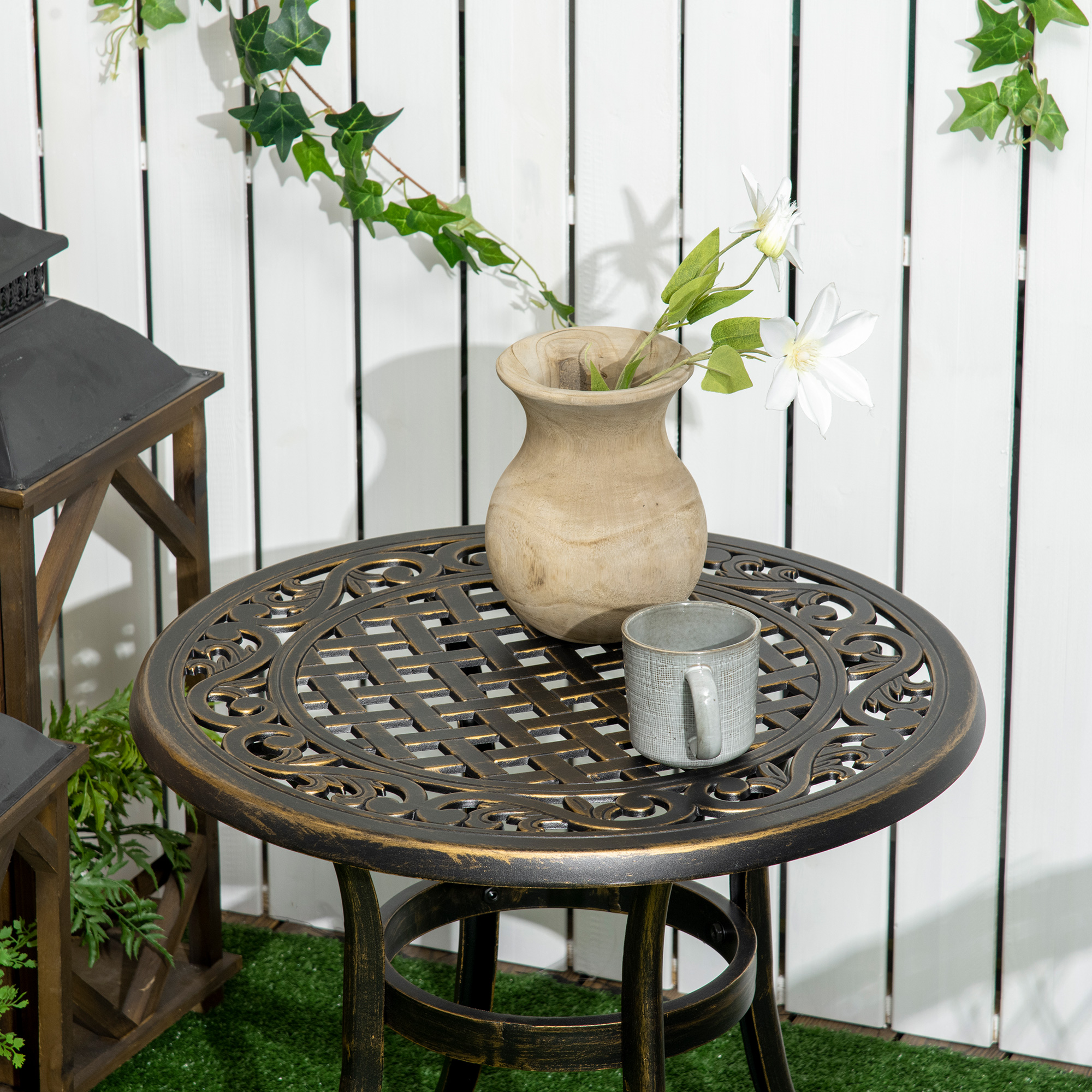 Beistelltisch Garten wetterfester Gartentisch mit Gussaluminiumrahmen, rund 60kg belastbar Ø60x52,5H cm