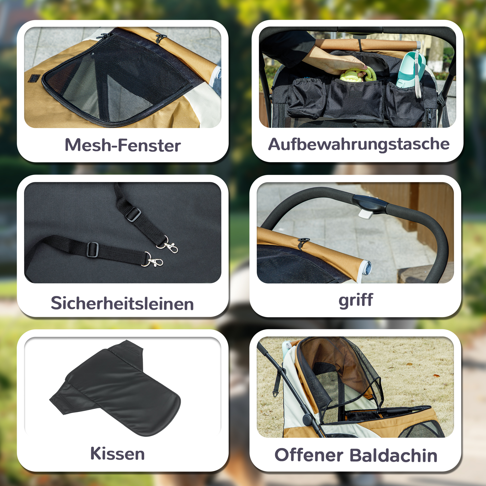 Hundewagen, Faltbarer Hundebuggy für große Hunde, Haustierwagen mit 4 Rädern, Sicherheitsleinen, Bremsen, Braun