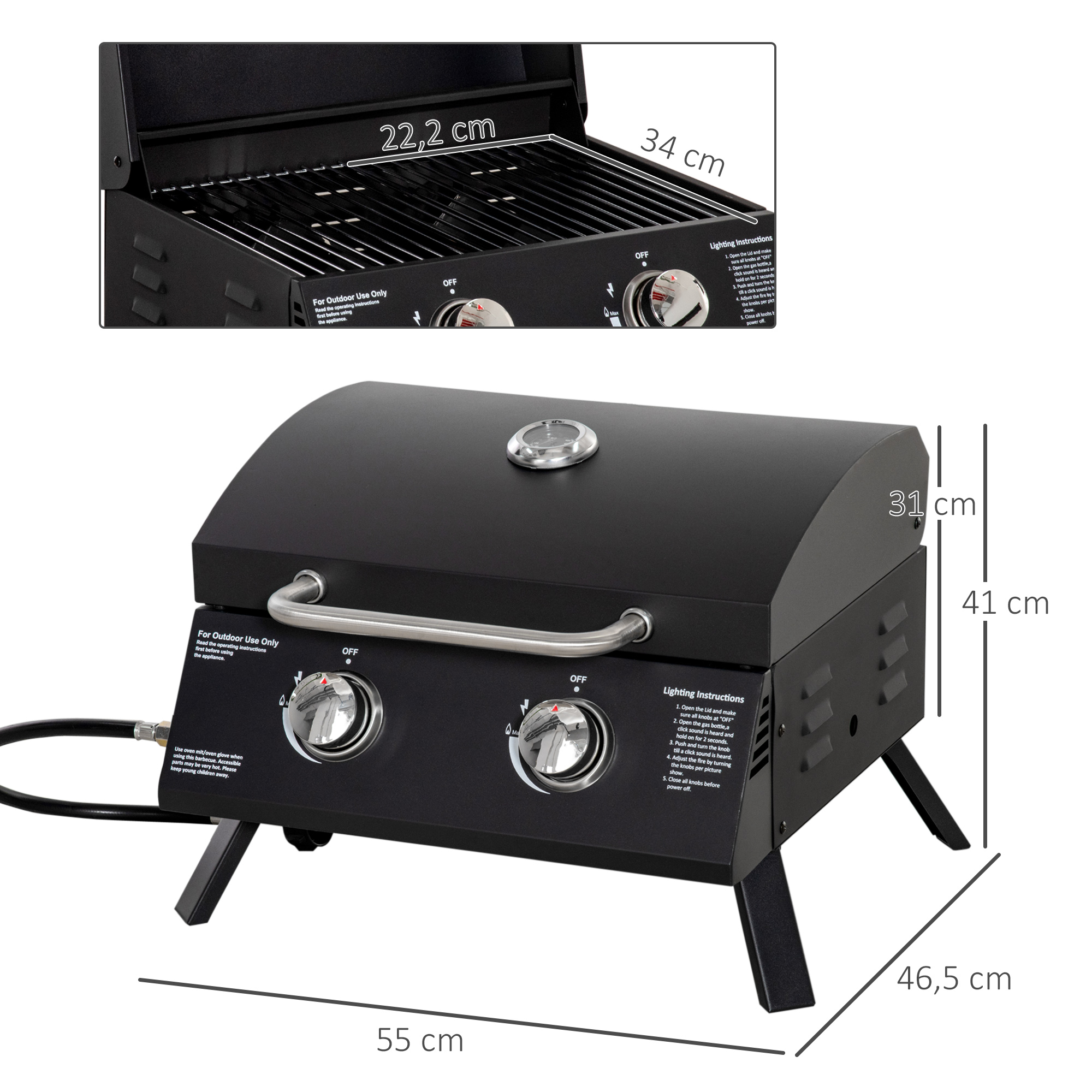Tischgrill Gasgrill BBQ mit 2 Brennern mobiler Grillwagen Grillnetz klein Outdoor Tischgasgrill Picknick mit Druckminderer Schlauch Edelstahl Schwarz 55 x 46,5 x 41 cm