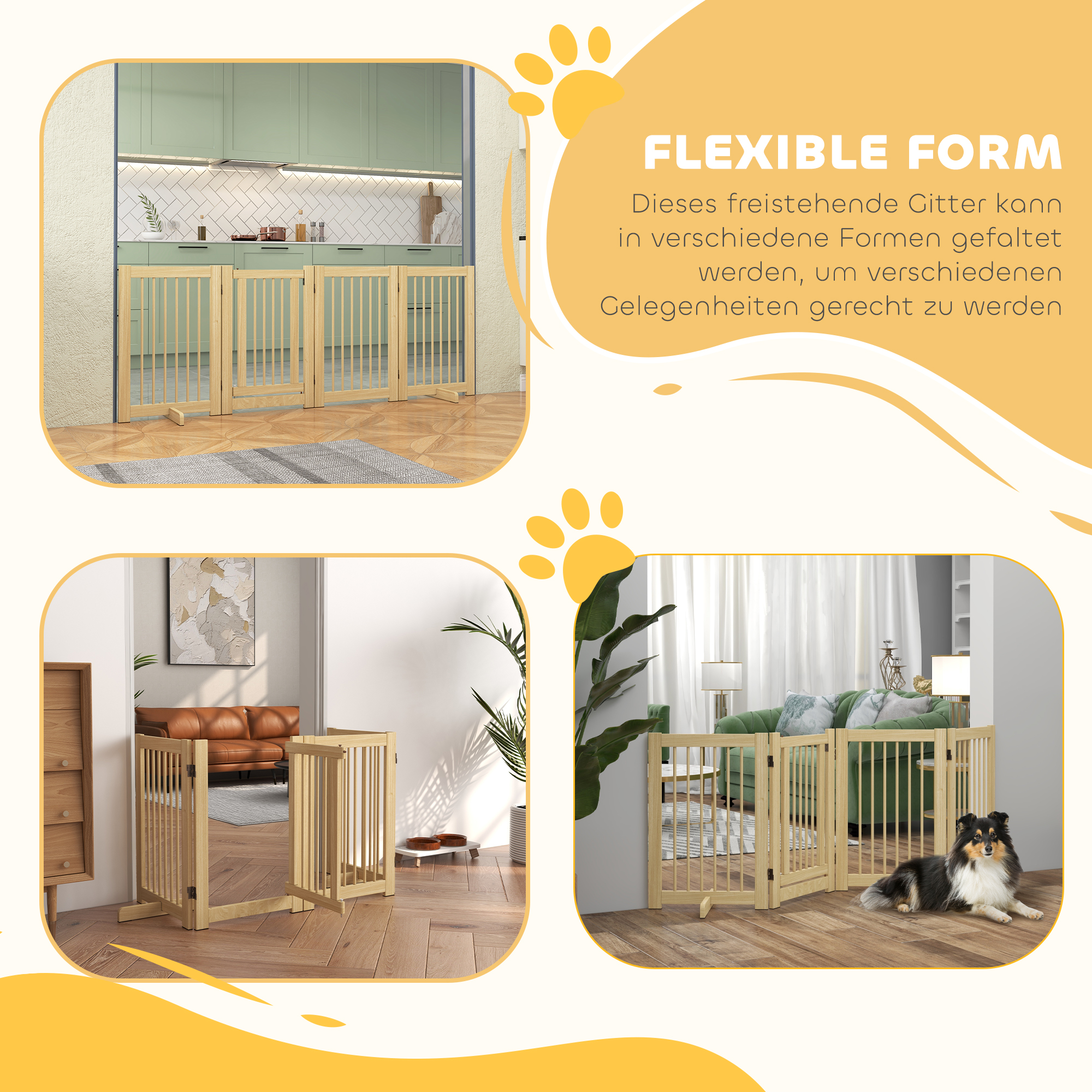 Freistehendes Hundegitter, 4 Paneele, flexibel, Kiefernholz, 204L x 36B x 75H cm, Naturholz