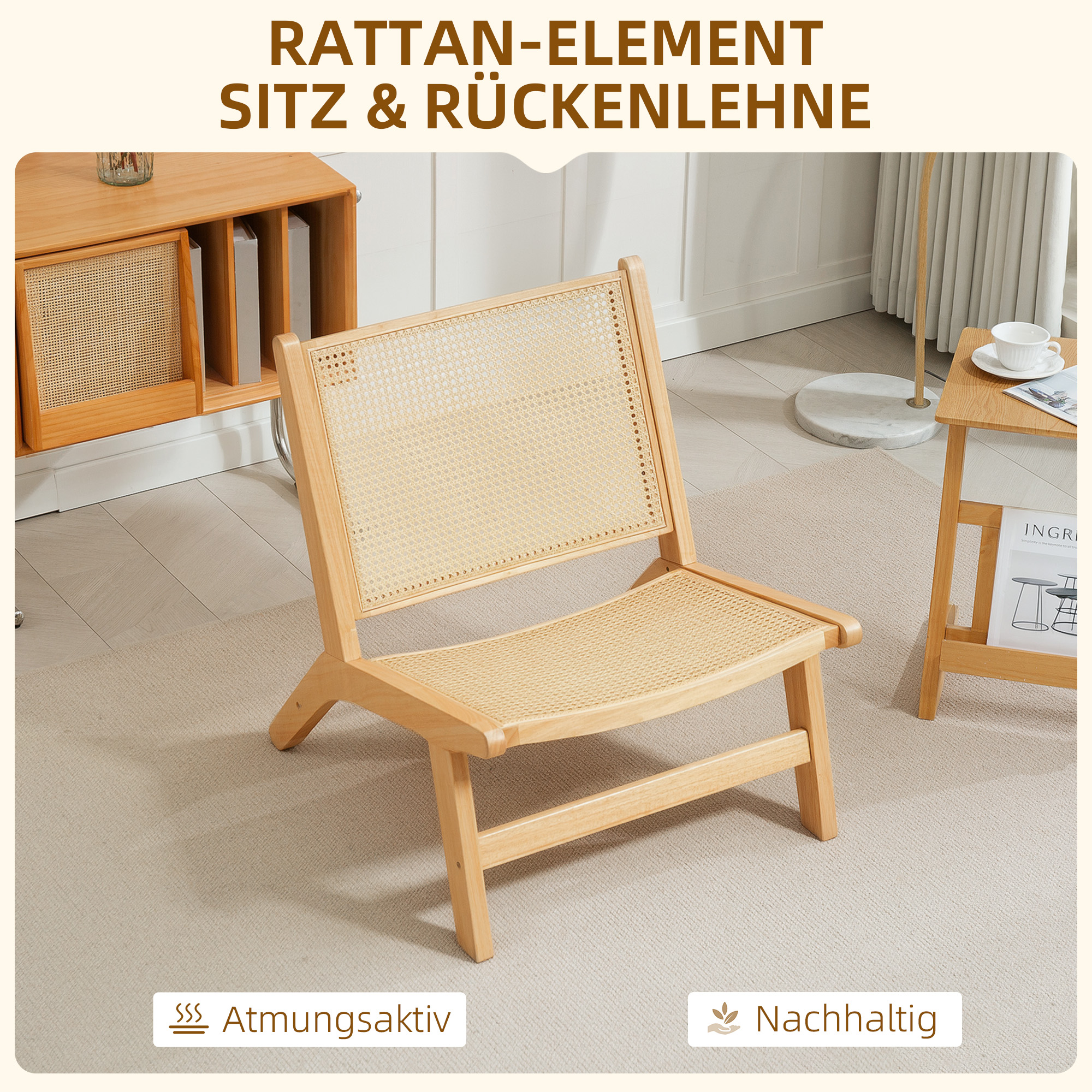 Rattanstuhl, Lesestuhl, Holzrahmen, breiter Sitz, 64 x 70 x 74 cm, Naturholz