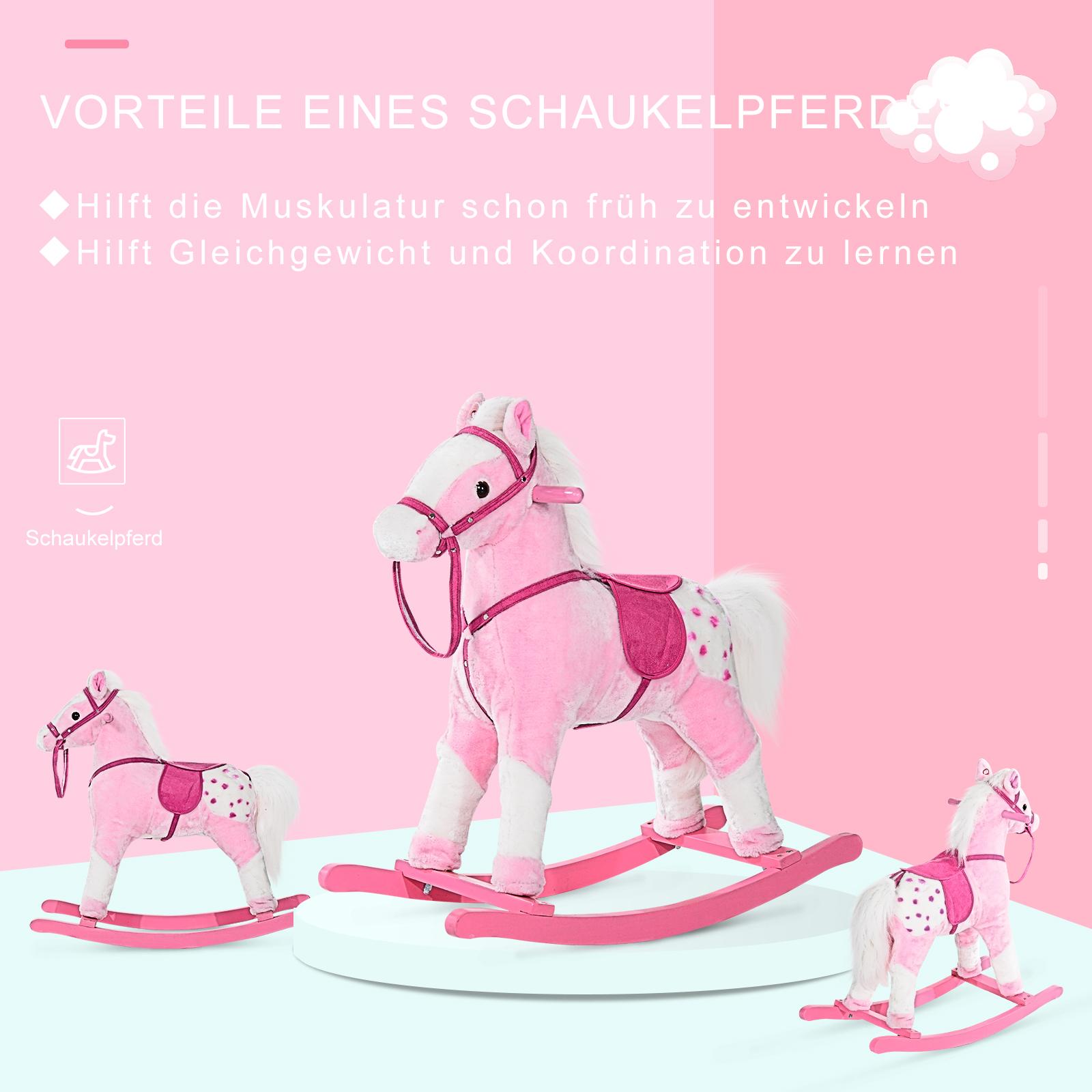 Schaukelpferd Schaukeltier mit Sound Effekt, Haltegriffen Plüsch Baby Schaukelspielzeug Schaukel für 3-6 Jahre Kinder