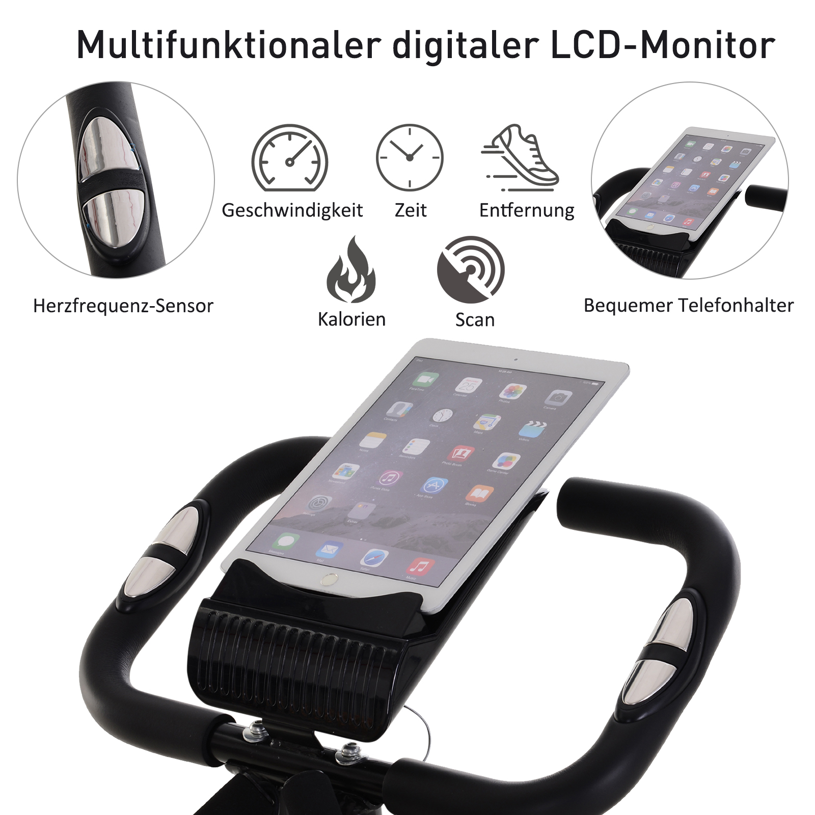 Heimtrainer 2-in-1 Fahrradtrainer mit LCD-Display Pulsmesser verstellbar Sitz Räder, klappbarer Hometrainer Trimmrad mit 8 stufig Magnetwiderstand, Spannseil, Stahl