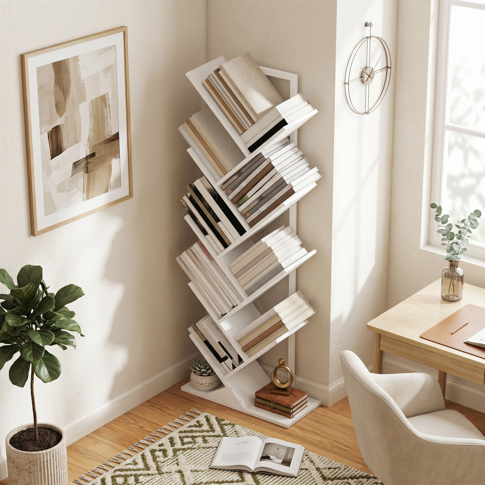 9-stufiges Baum-Bücherregal, freistehendes industrielles Bücherregal mit Stahlrahmen, Aufbewahrungseinheit für CDs, DVDs, Weiß