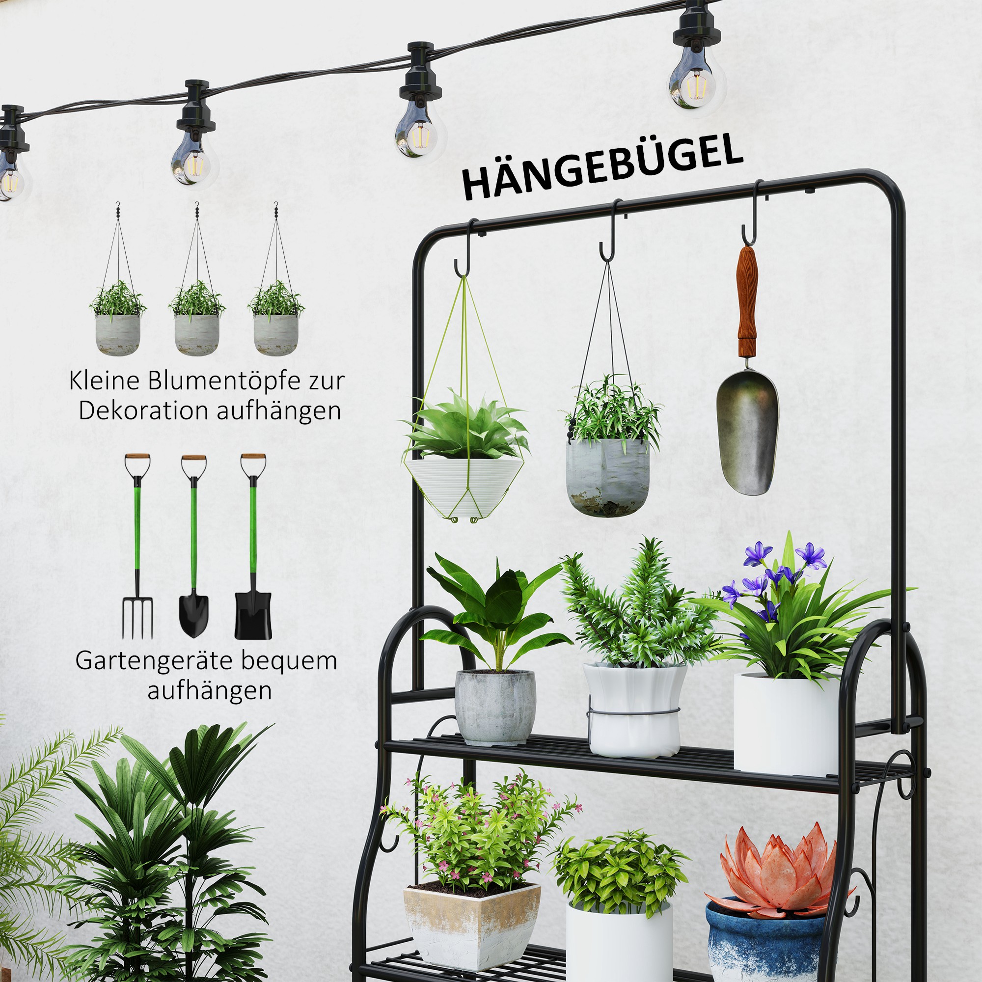 Blumenregal, 3-stufiges Pflanzenregal mit Hängehaken, Metallregal für Blumentöpfe, Indoor- und Outdoor-tauglich, Schwarz