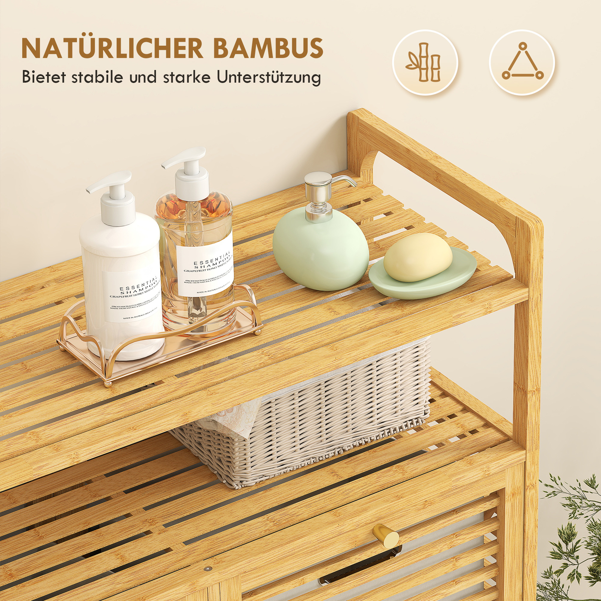 Wäscheregal mit 2 Wäschekörben, freistehendes Bambusregal für Badezimmer, Waschküche, Naturholz+Cremeweiß