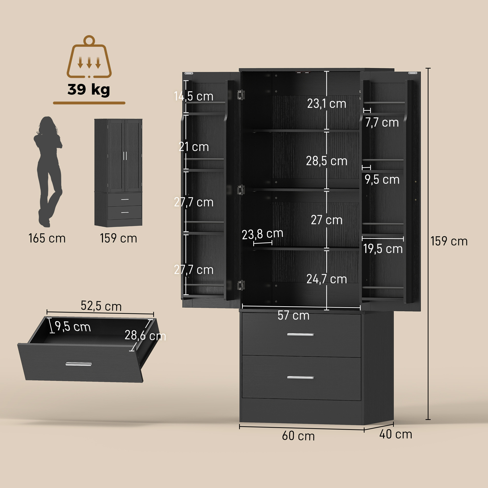 Vorratsschrank 8 Türablagen verstellbare Böden Küchenschrank 159 cm Schwarz