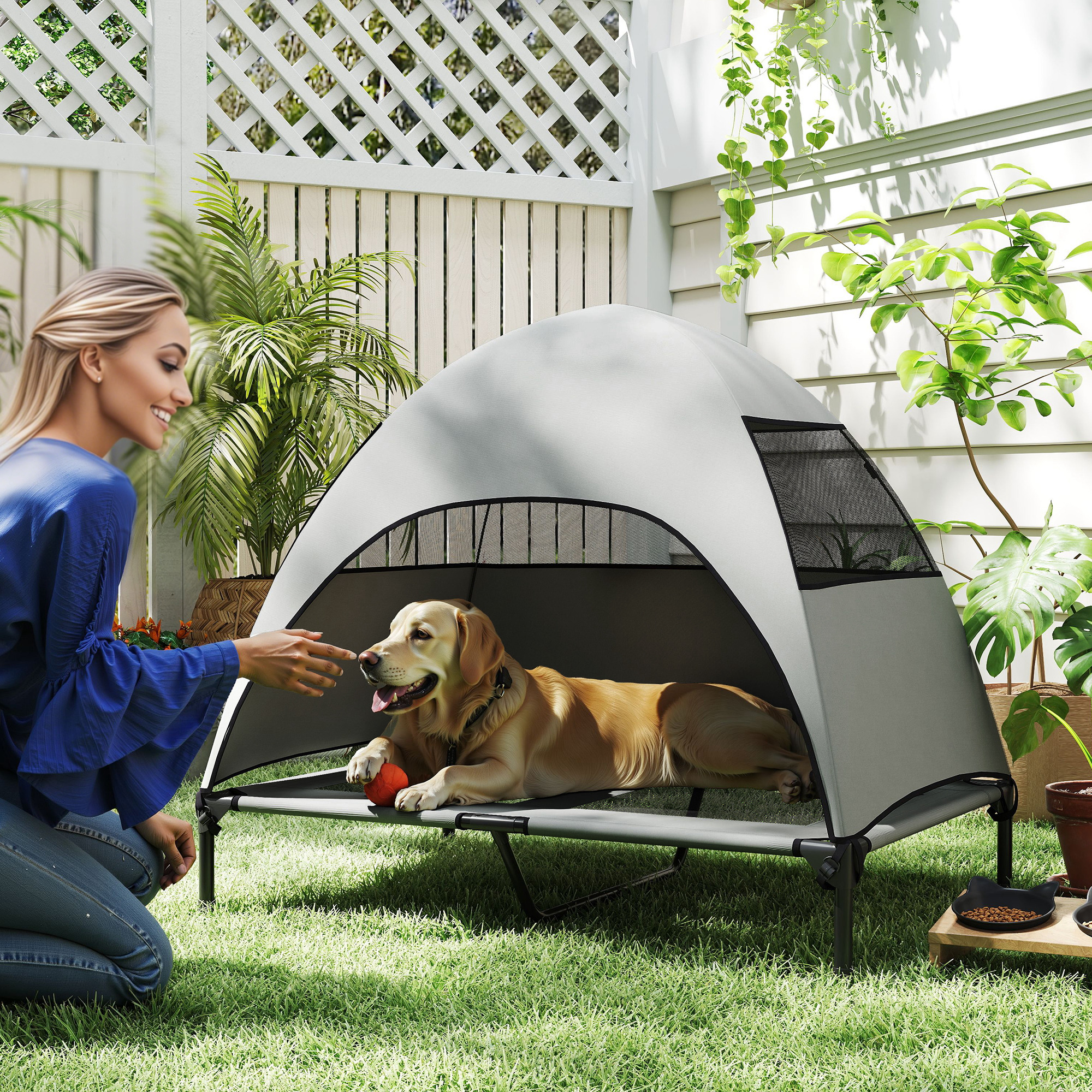 Hundeliege Outdoor mit Dach, erhöhtes Hundebett für Große Hunde, 106 x 76 x 99 cm, Hellgrau