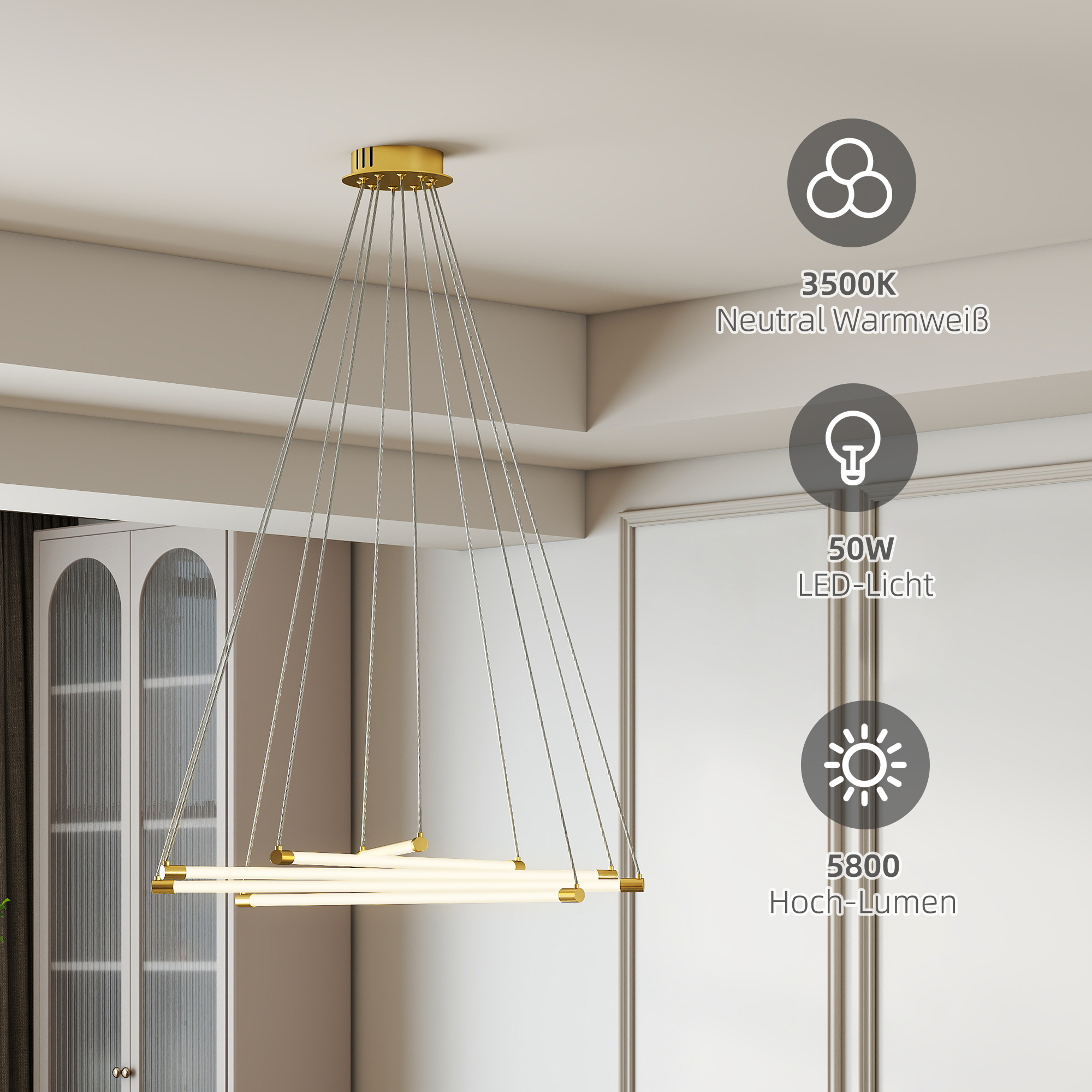 LED-Deckenlampe, 50W, 5 anpassbare Lichtrohre, anpassbar, Deckenleuchte für Wohnzimmer, Esszimmer, Küche, Gold+Weiß