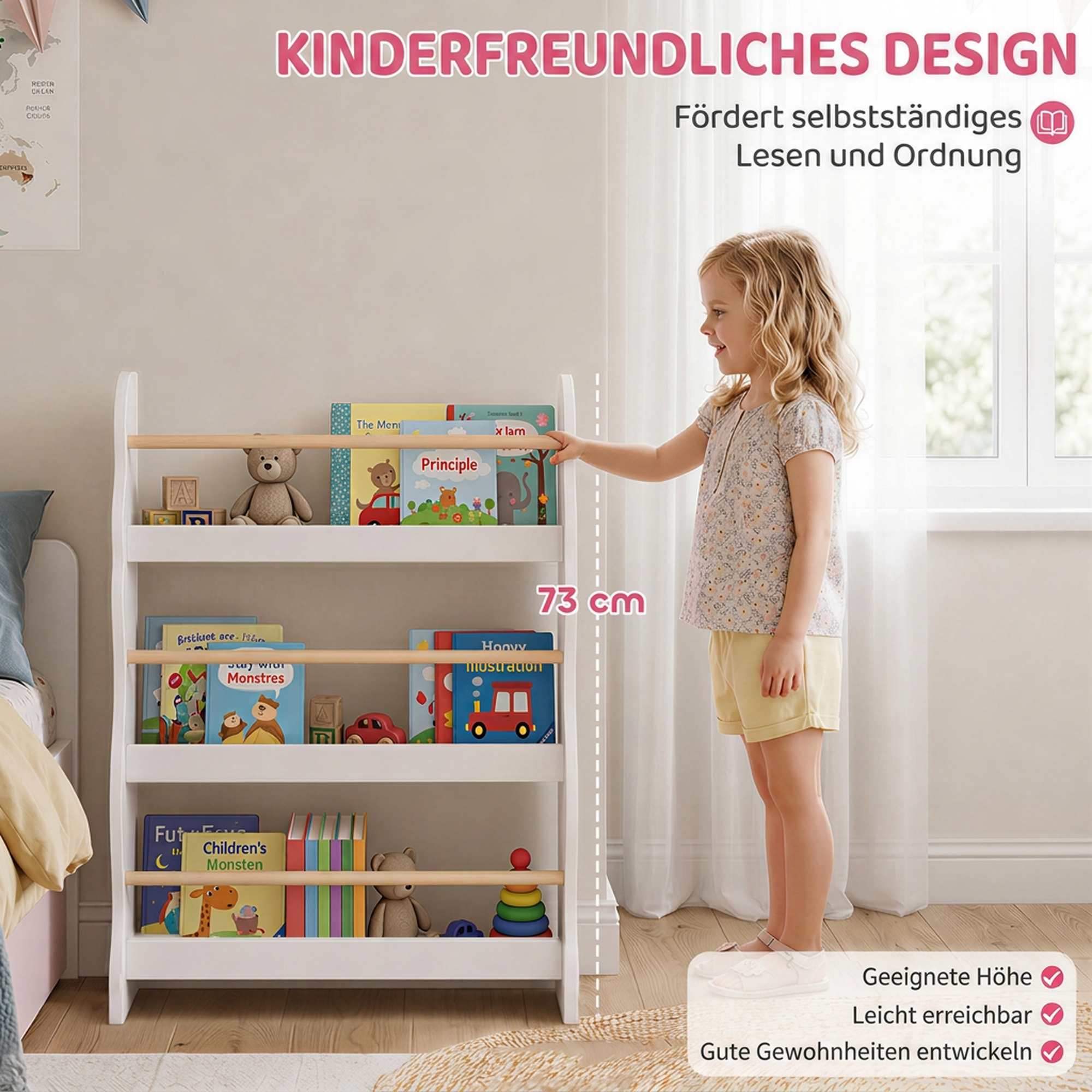 Bücherregal Kinder, Wandmontiert Kinderregal mit 3 Ebenen, Wandregal mit Kippschtz 60 x 15 x 73 cm Weiß