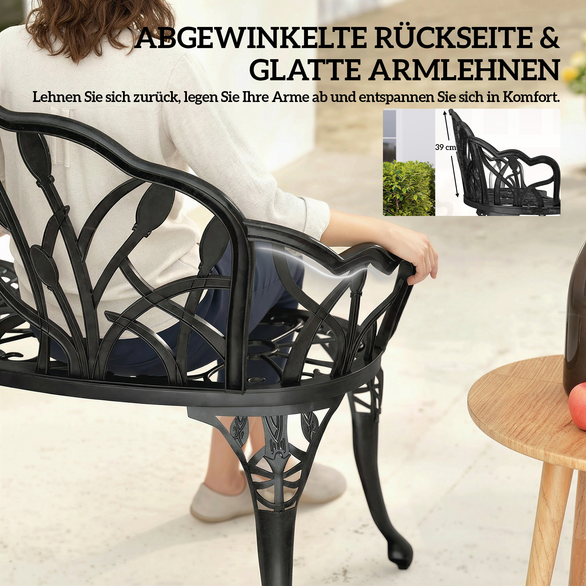Gartenbank 2-Sitzer Gussaluminium wetterfest Outdoor Sitzbank mit Tulpen-Rückenlehne Blumenmotiv 99 x 57 x 78 cm