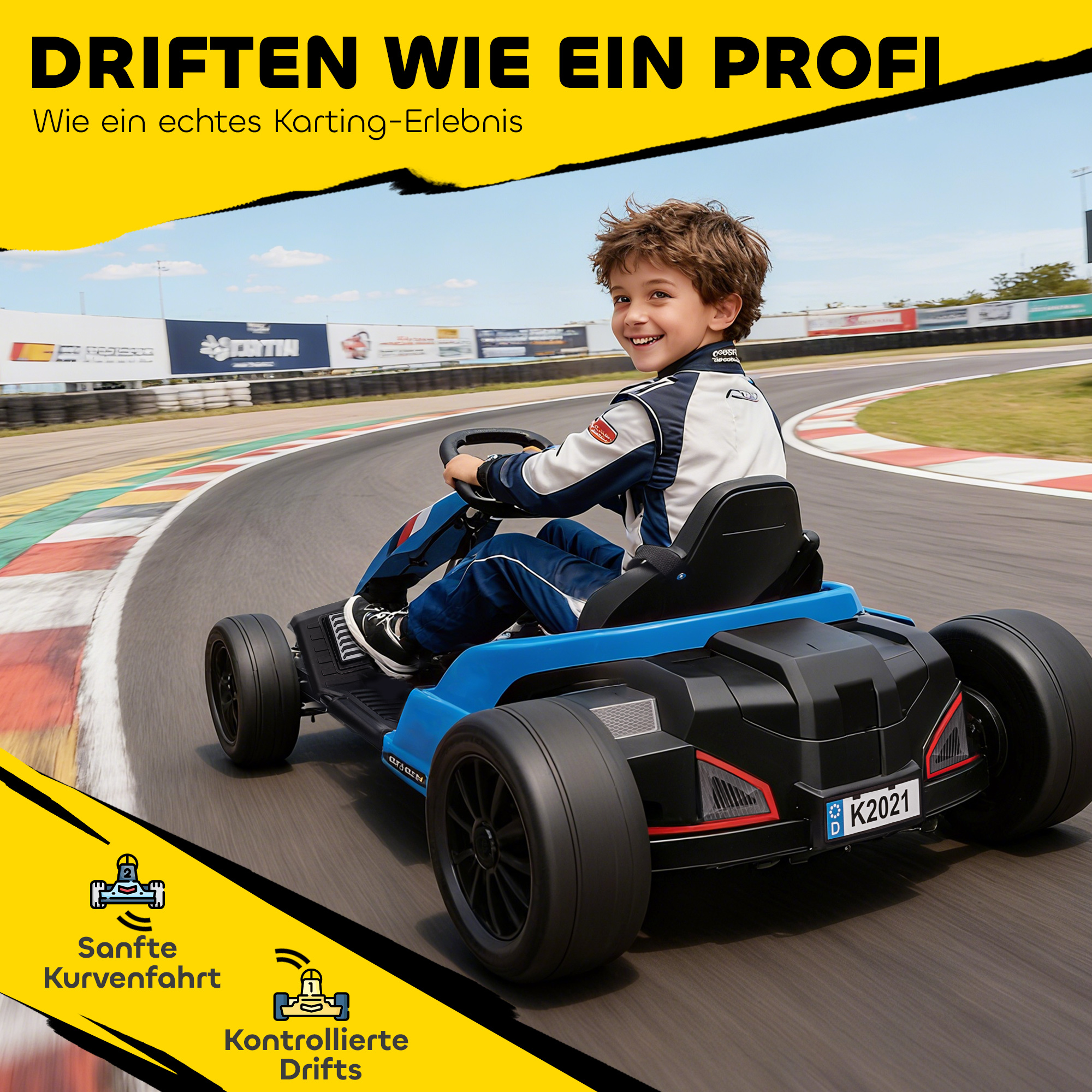 24V elektrisches Go-Kart, Drift-Modus, verstellbarer Sitz, 5-Punkt-Sicherheitsgurt, Musikfunktion, Hupe, 6-12 Jahre Blau