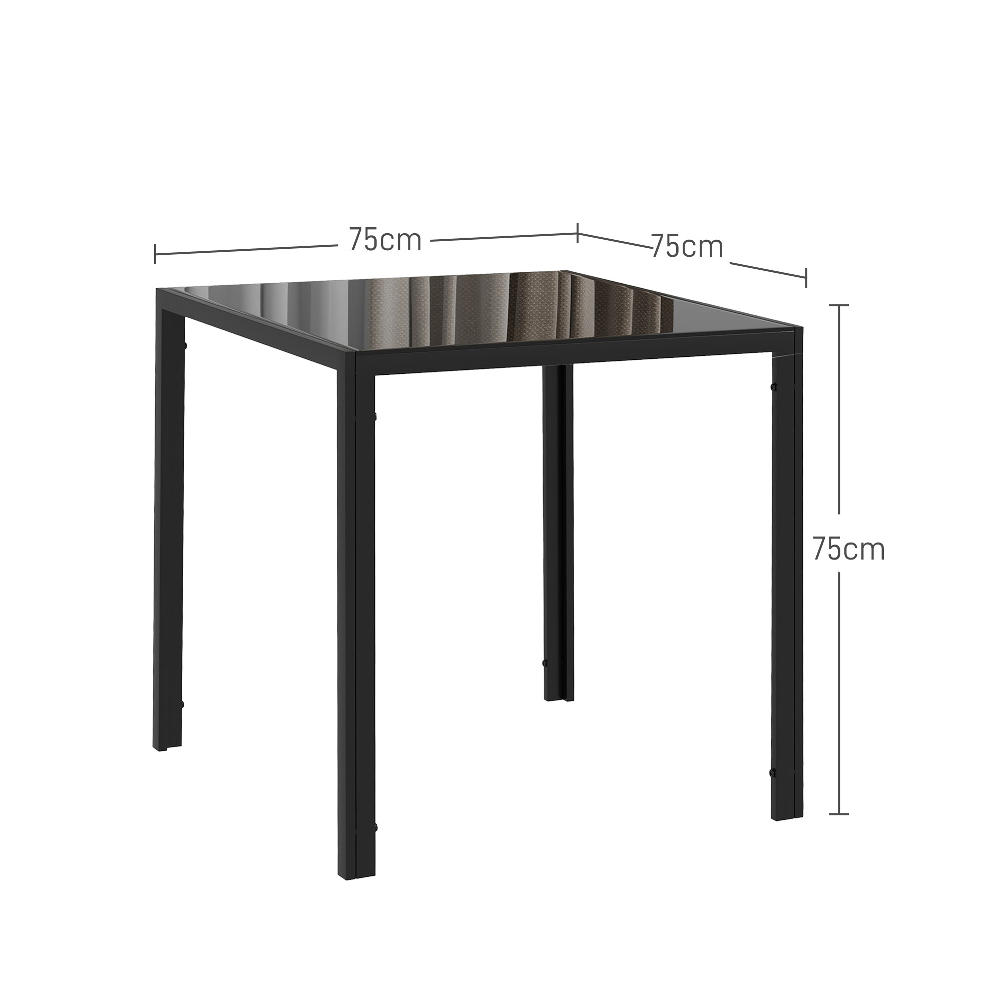 Quadratischer Esstisch für 4 Personen, Tischplatte aus Hartglas, für Küche und Esszimmer, 75 x 75 x 75 cm, Schwarz