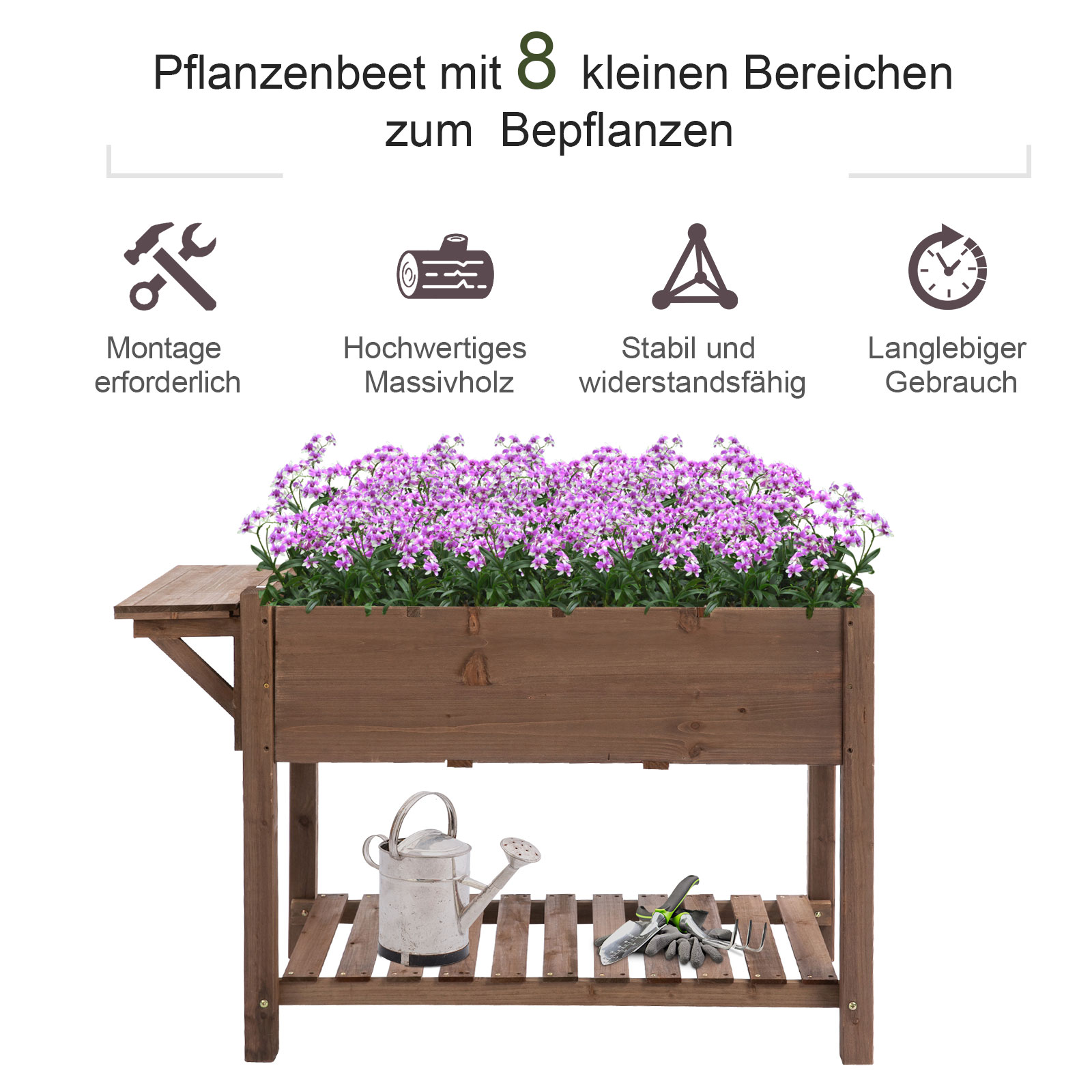 Hochbeet Pflanzkasten mit 8 geteilten Gittern faltbare Ablage Blumenkasten Blumentopf Kräuterbeet Massivholz Braun 123 x 54 x 80 cm