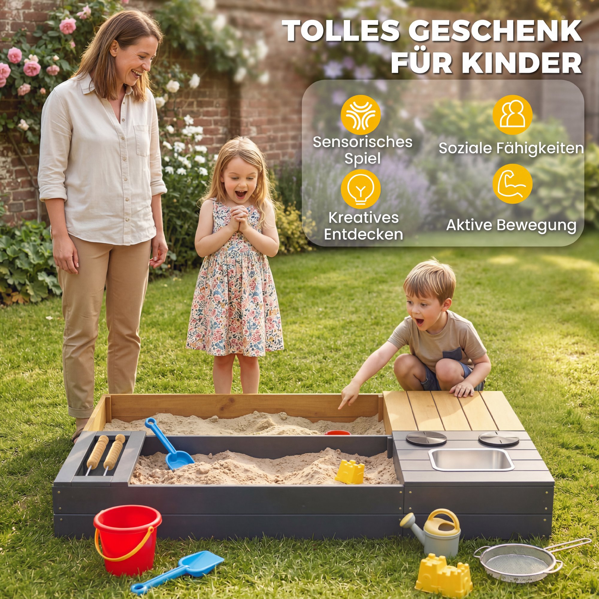 Sandkasten 2-teilig 150x90cm Holz Sandkiste mit Sitzbank Stauraum Herd herausnehmbarem Waschbecken Abakusperlen Gelb