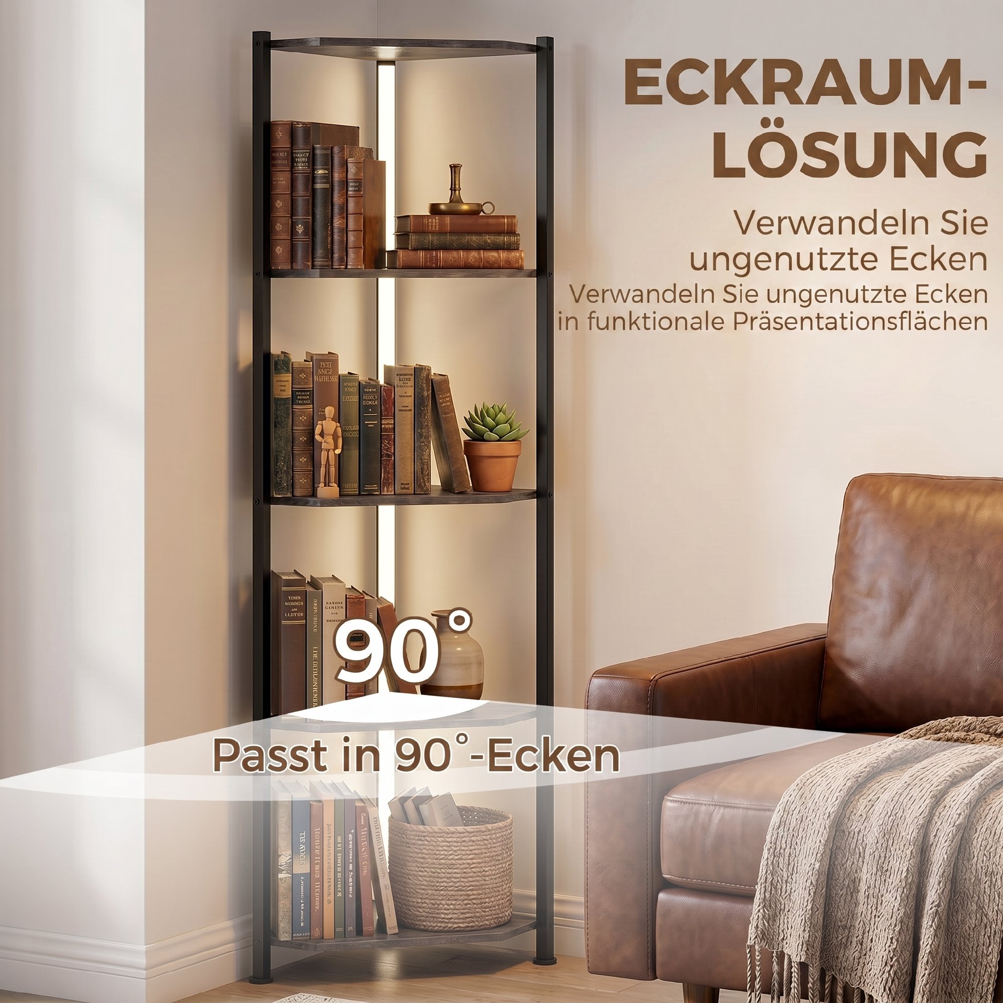 Bücherregal 5-stöckiges Eckregal mit LED-Beleuchtung für Wohnzimmer, Schlafzimmer, Büro, Rustikal Braun