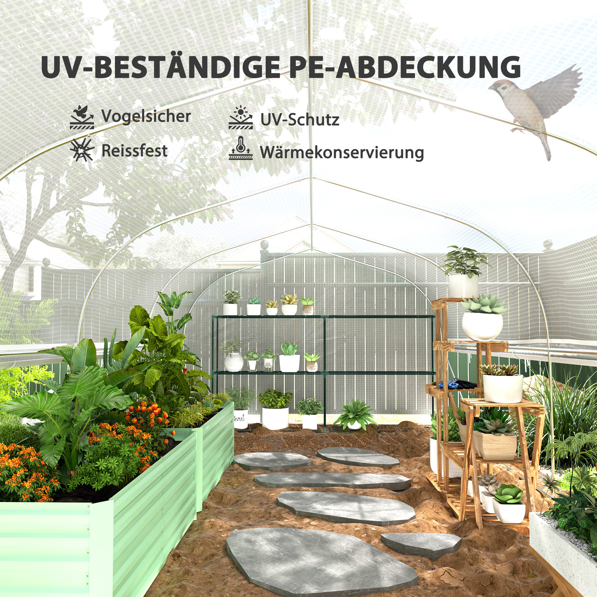 6x3x2 m Gewächshaus, begehbar, 8 Fenster, Tür, Fliegennetze, Metallgestell, Weiß