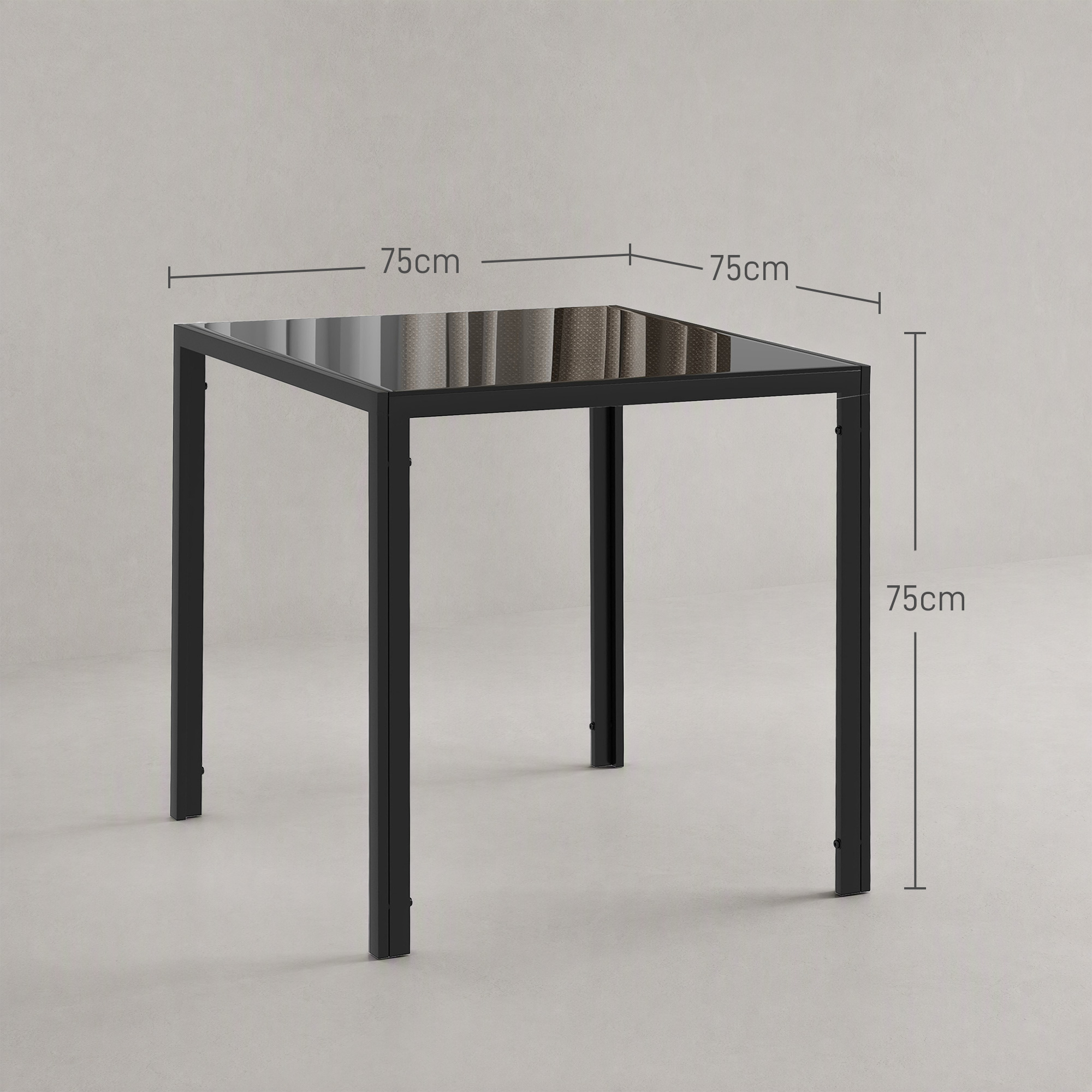 Quadratischer Esstisch für 4 Personen, Tischplatte aus Hartglas, für Küche und Esszimmer, 75 x 75 x 75 cm, Schwarz