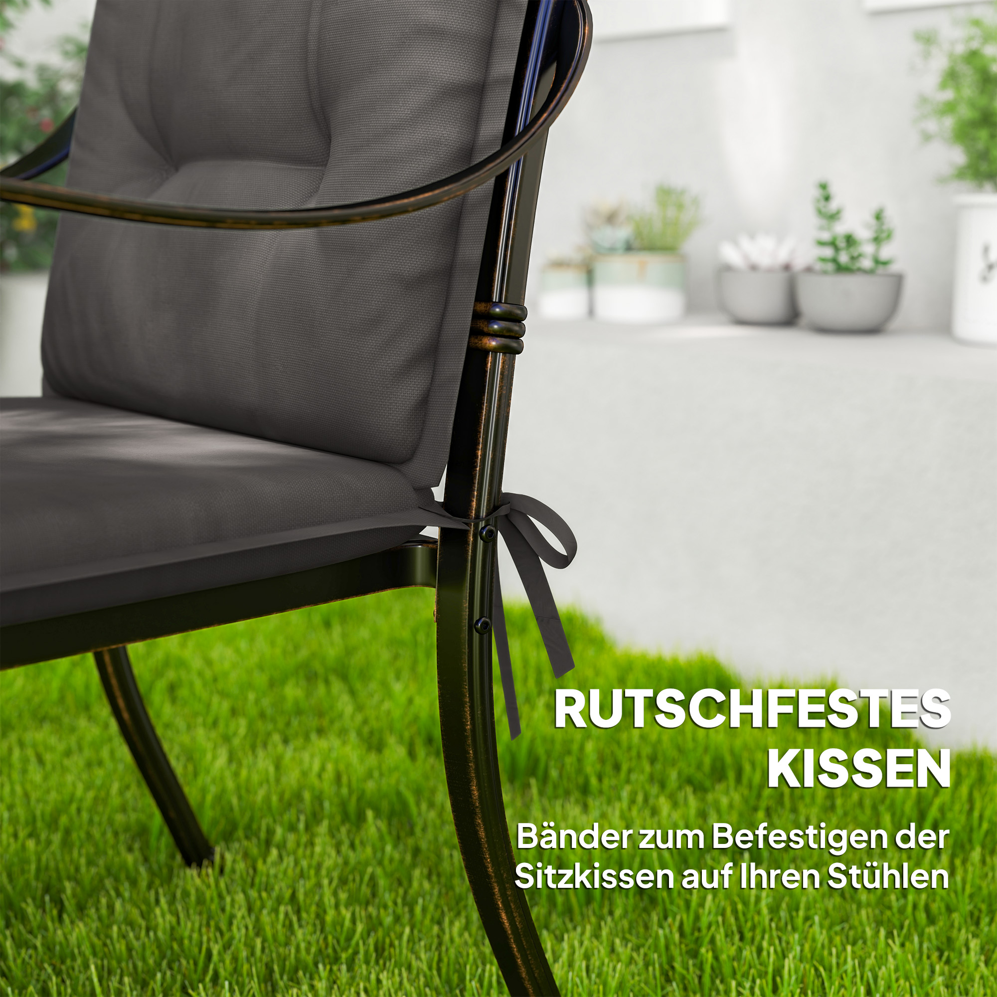 4er Set Sitzkissen 108 x 50 x 5 cm Stuhlkissen mit Bändern, Outdoor Indoor Sitzauflage Dunkelgrau