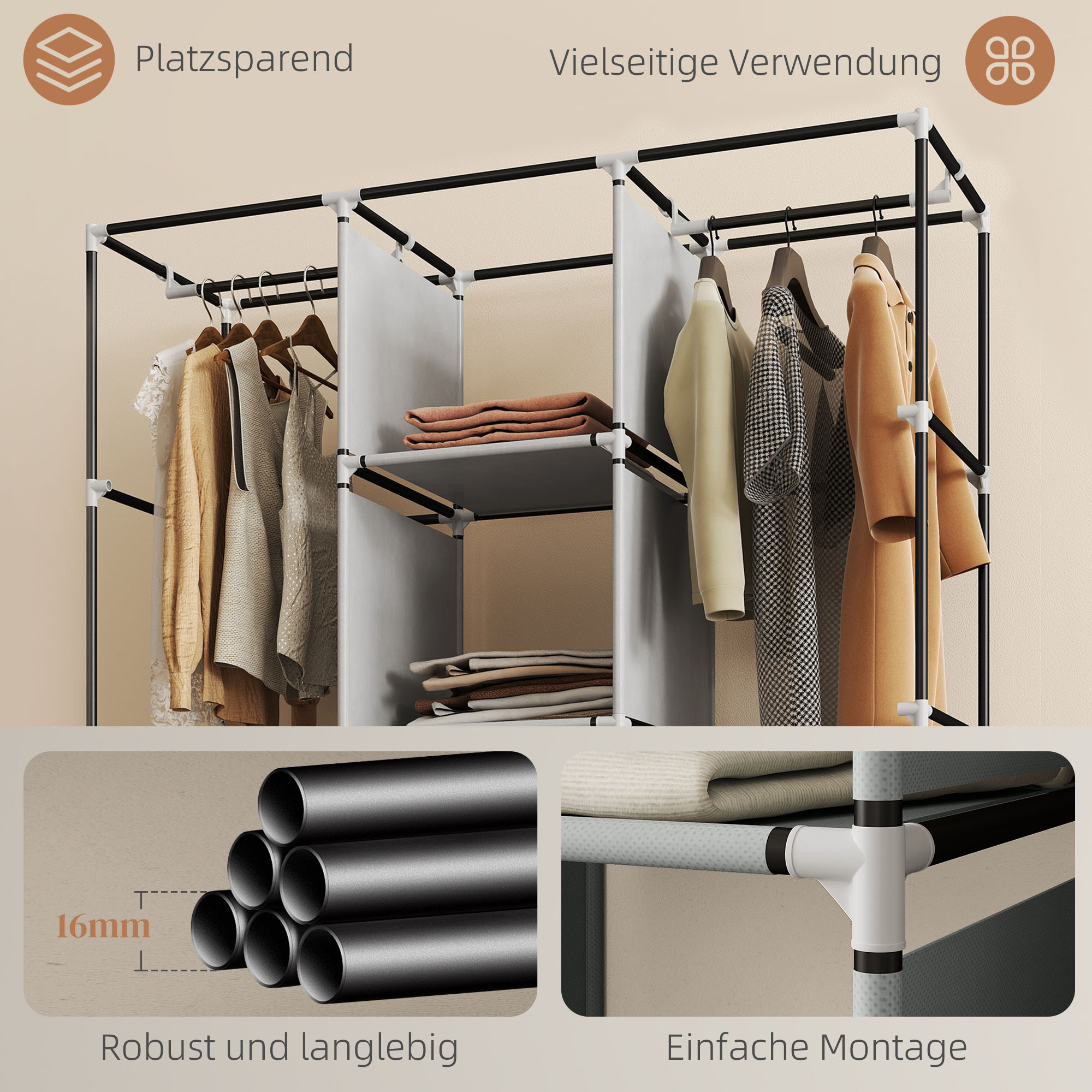 Schrank aus Stoff, Aufbewahrungslösung, 8 Regale, 2 Kleiderstangen, Grau
