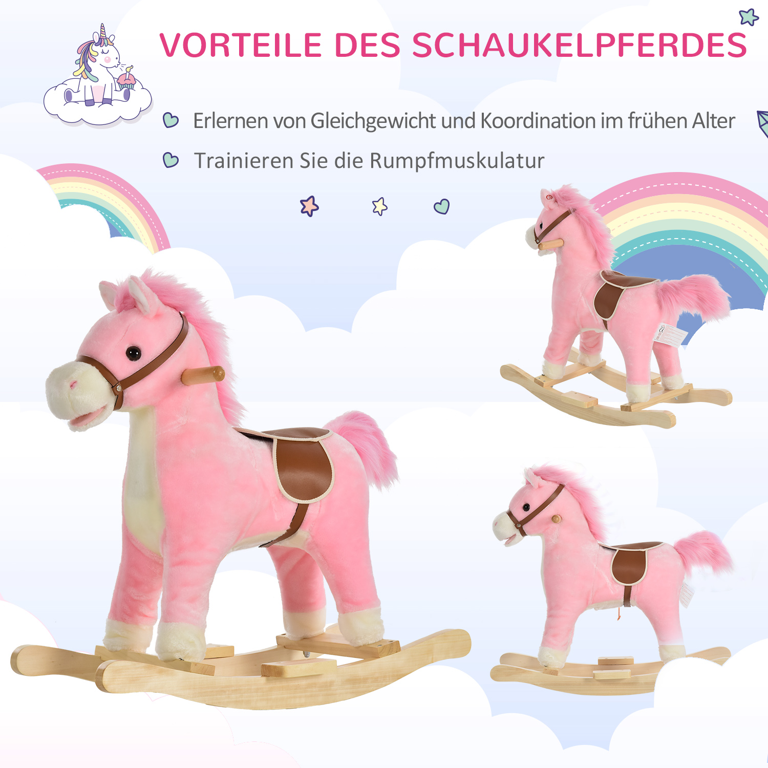 Kinder Schaukelpferd Baby Schaukeltier Pferd mit Tiergeräusche Spielzeug Haltegriffe für 36-72 Monate Plüsch Rosa 65 x 32,5 x 61 cm
