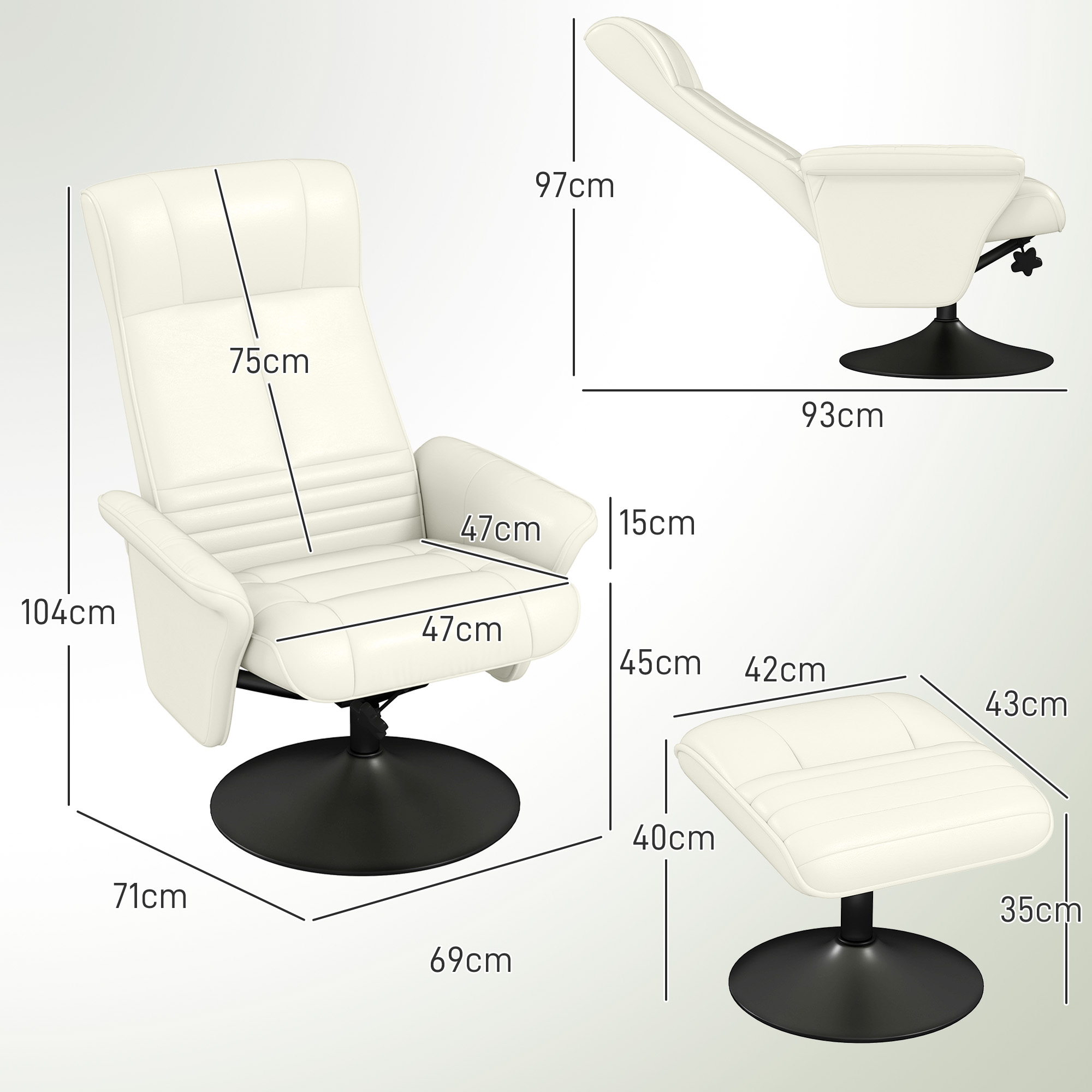 Relaxsessel, Fernsehsessel mit Hocker, drehbar, ergonomisch, Mikrofasertuchoptik, bis 150 kg, Cremeweiß