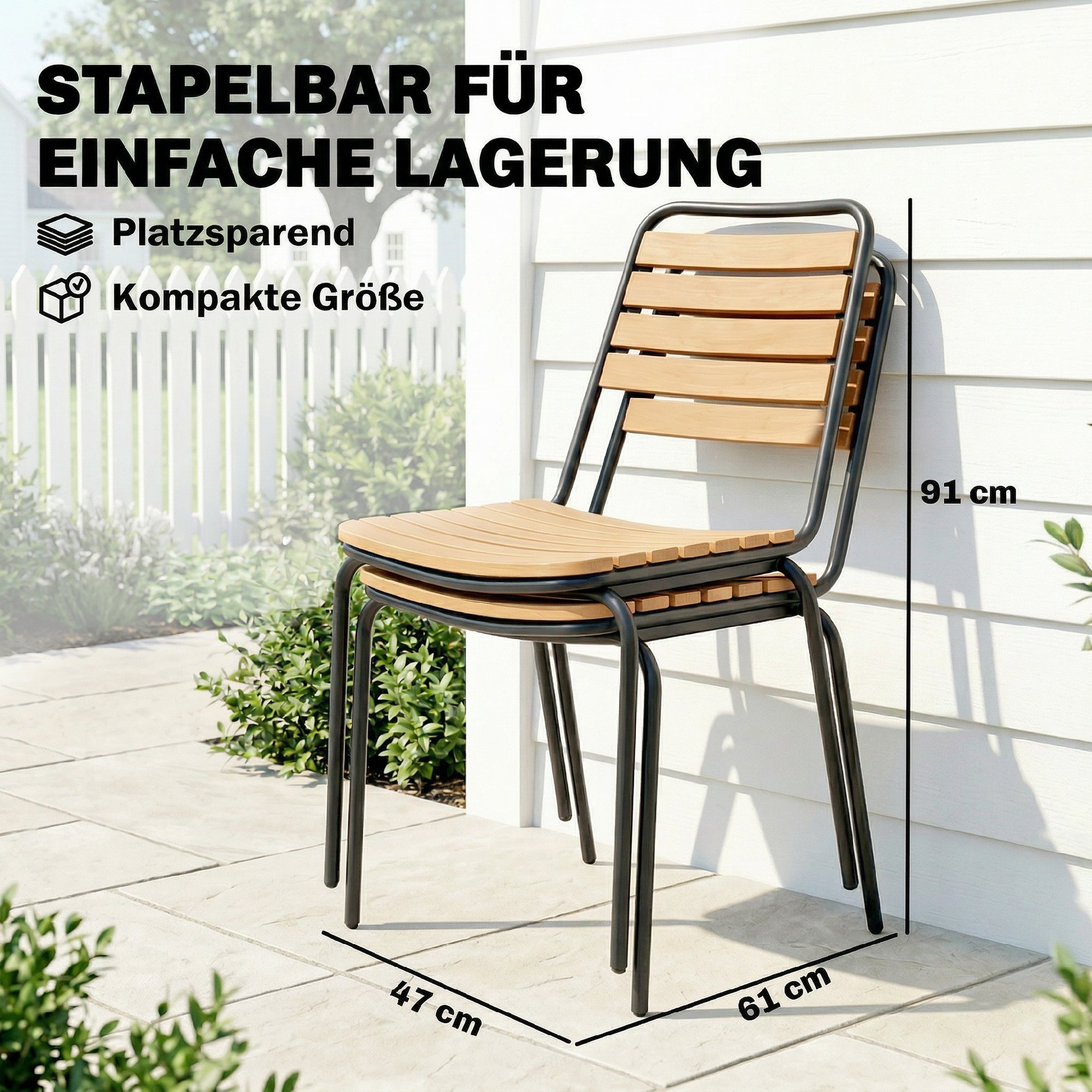 Gartenstuhl 2er Set wetterfest Gartenstühle aus Stahl und Holz Stapelstuhl mit Rückenlehne bis 160kg belastbar Naturholz