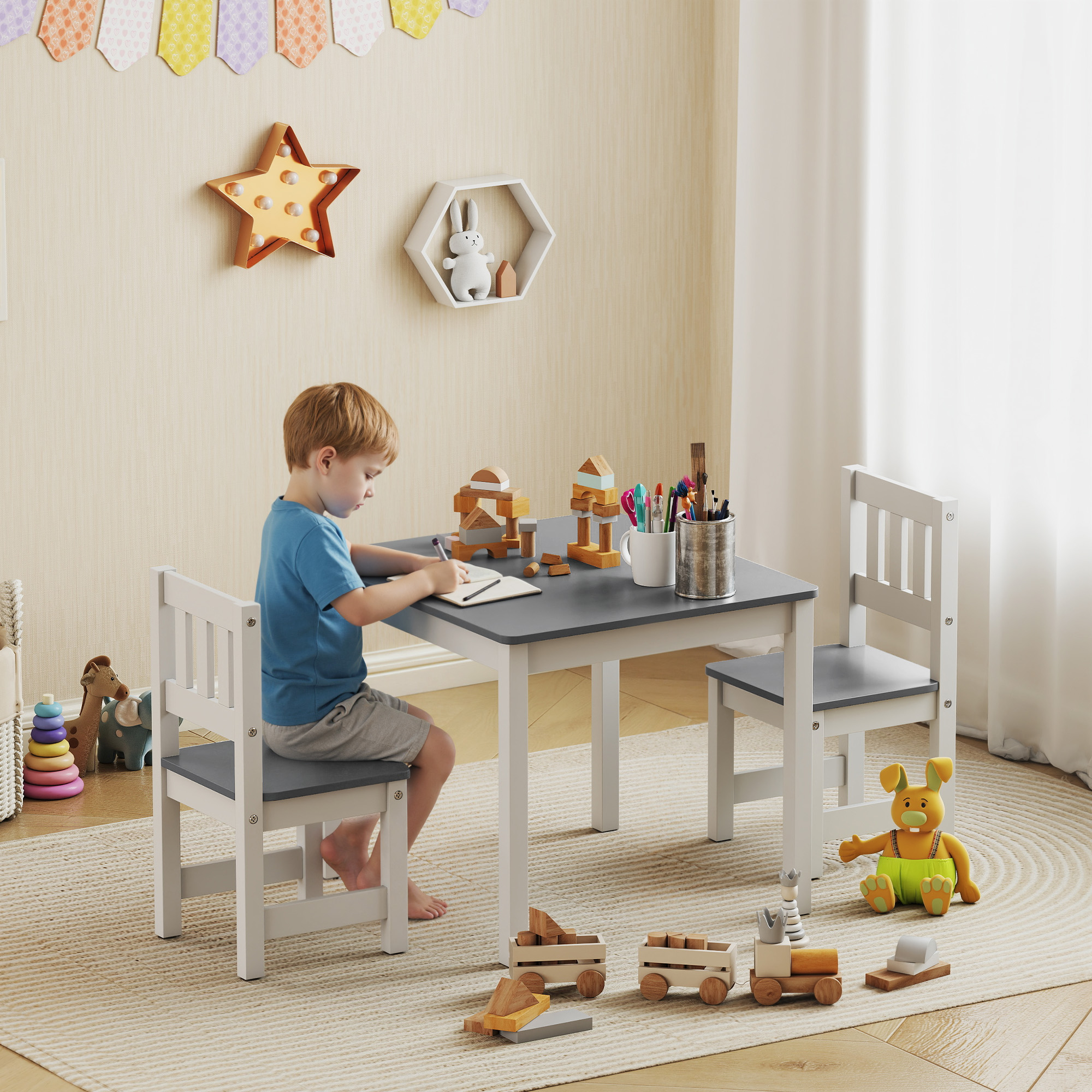 Kindertisch mit 2 Stühlen, 3tlg Kindersitzgruppe, Sitzgruppe für Kinder, Kindermöbel, 56 x 52 x 48 cm Grau