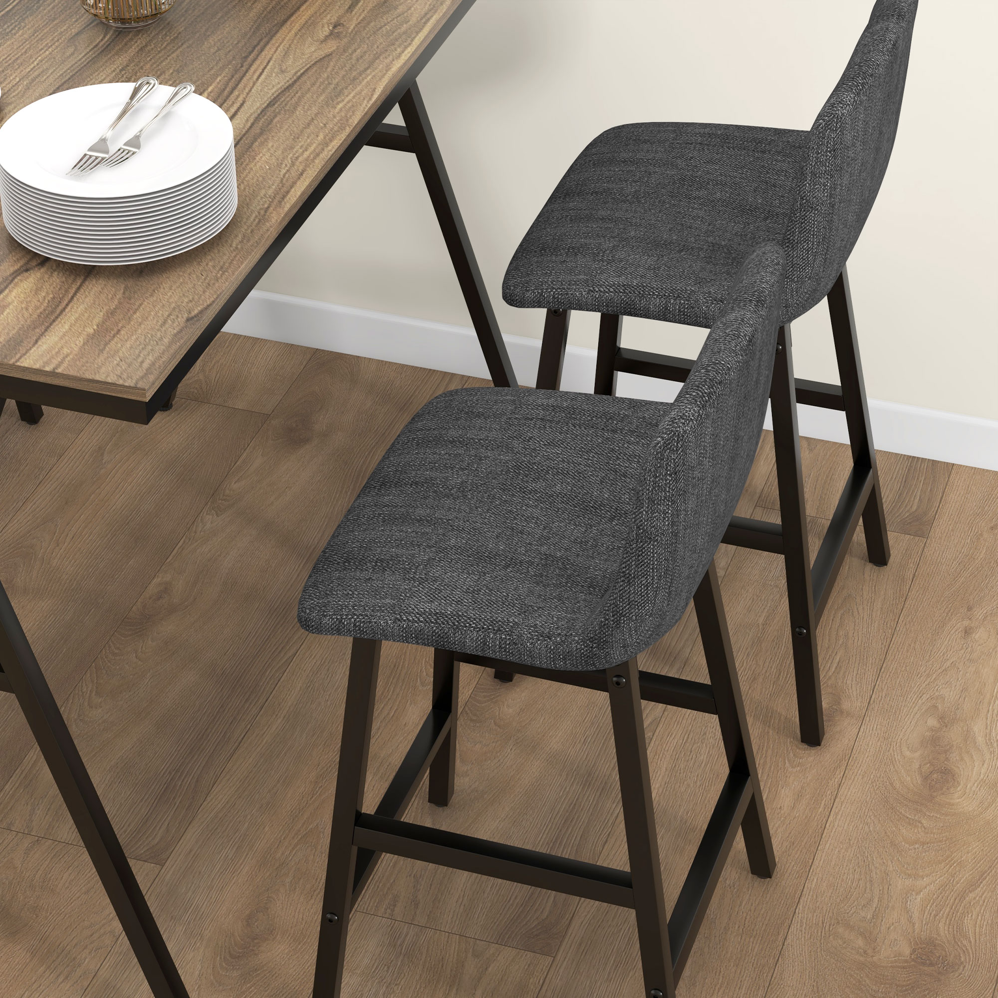 Bargarnitur 5-teilig, Tisch und 4 Stühle, Knopfheftung, dicke Polsterung, Leinenoptik, Dunkelgrau